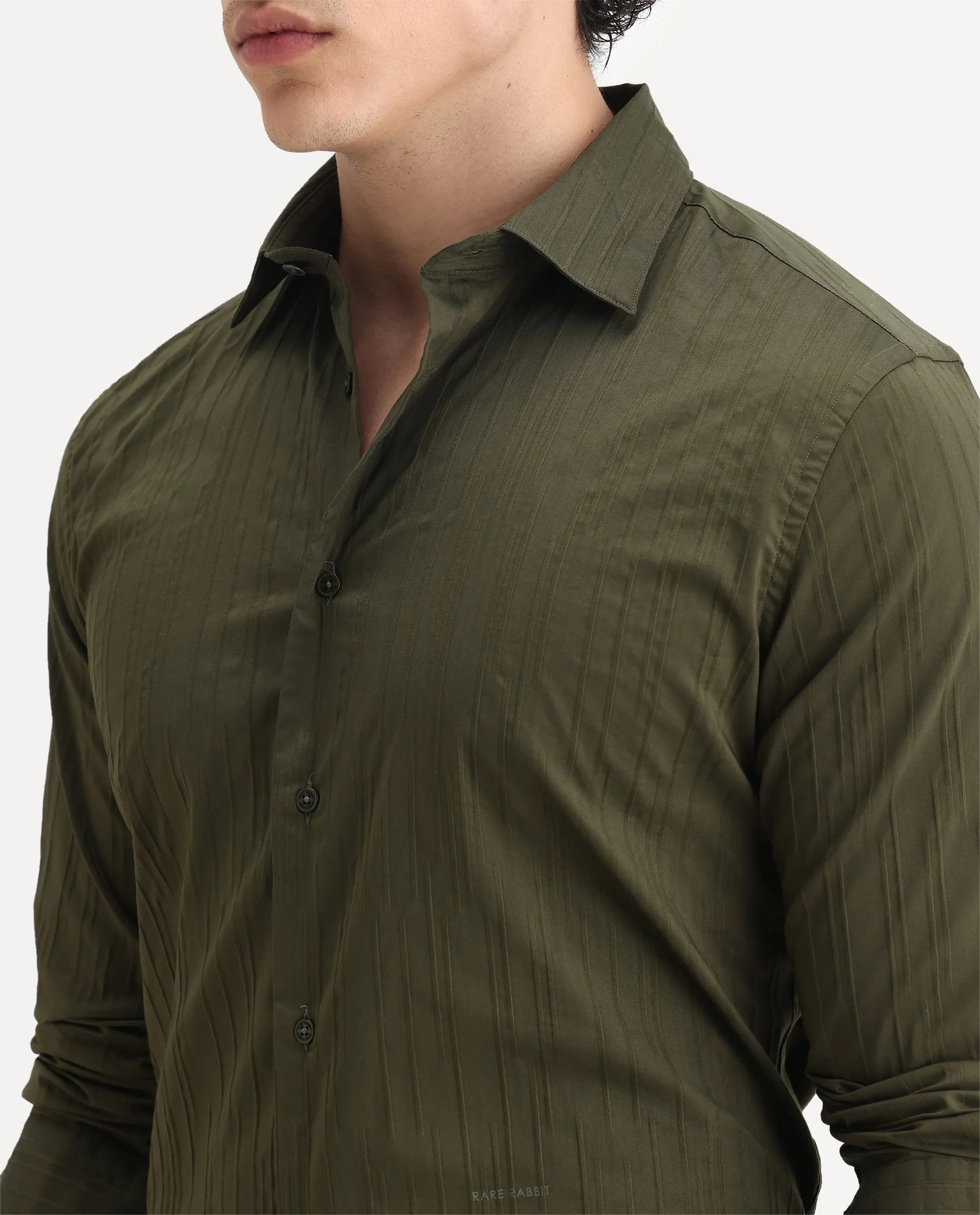 Rare Rabbit Men's Jerna-B Olive Cotton Blend Striped Print Regular Fit Full Sleeve Collared Shirt