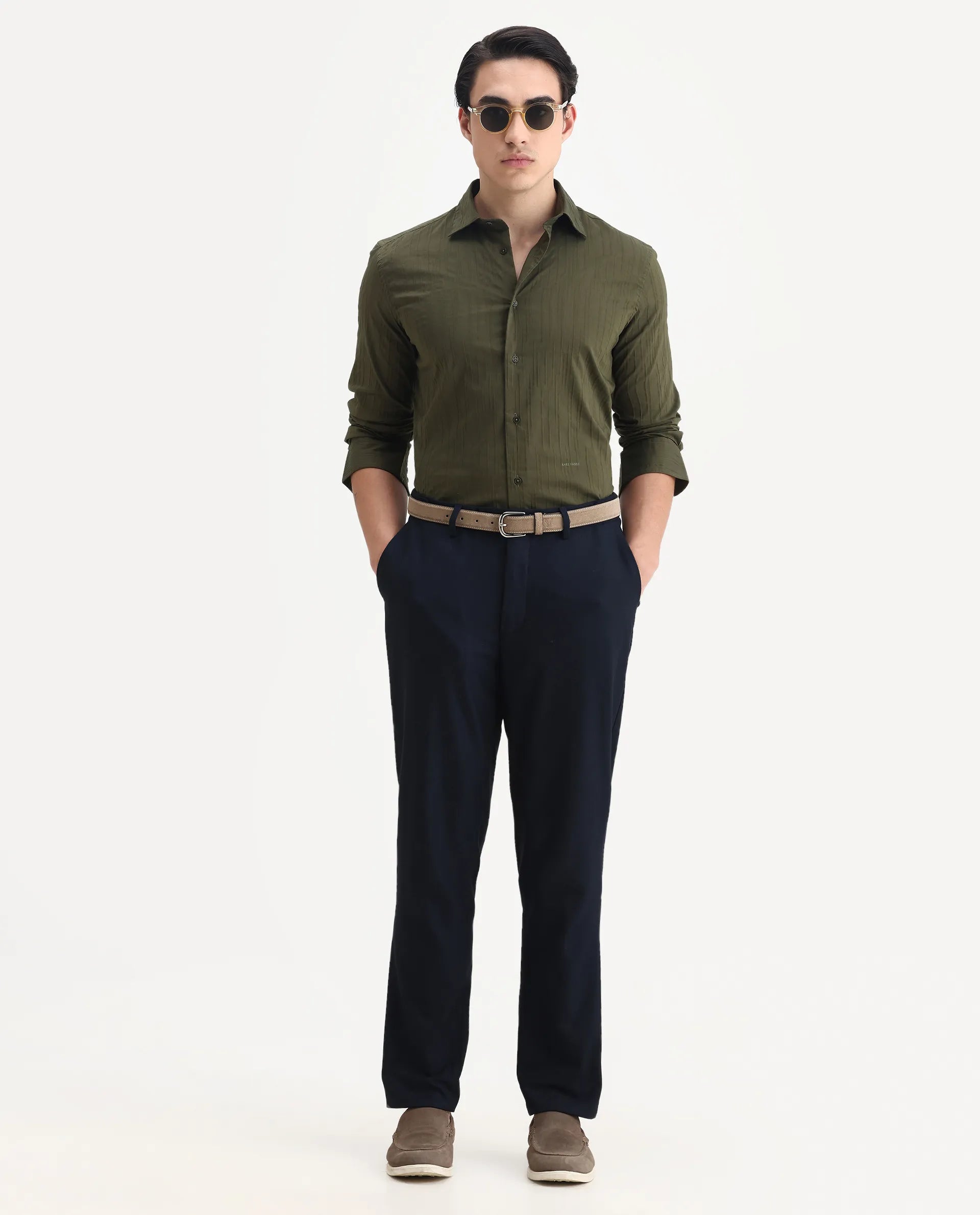 Rare Rabbit Men's Jerna-B Olive Cotton Blend Striped Print Regular Fit Full Sleeve Collared Shirt