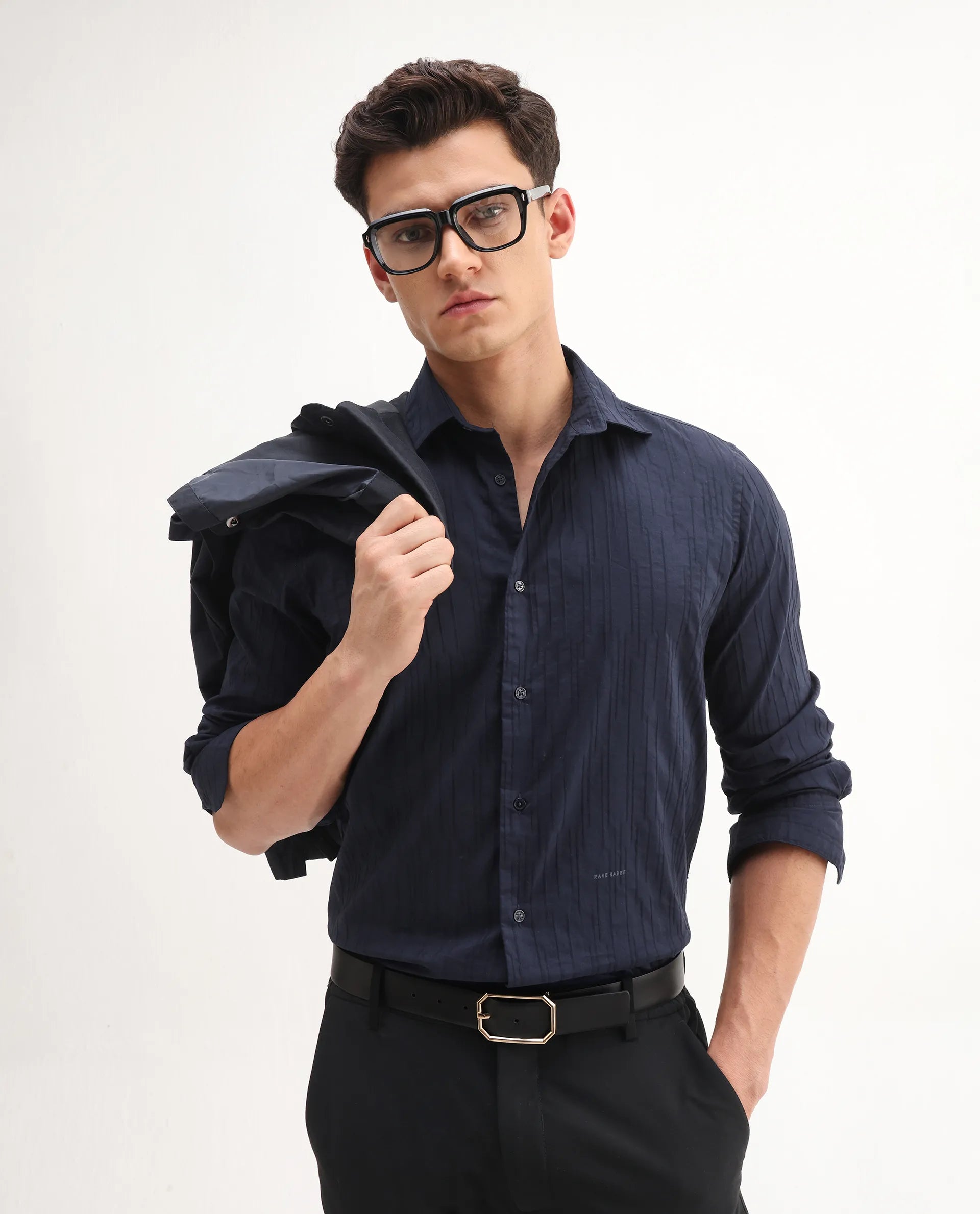 Rare Rabbit Men's Jerna-B Navy Cotton Blend Striped Print Regular Fit Half Sleeve Collared Shirt