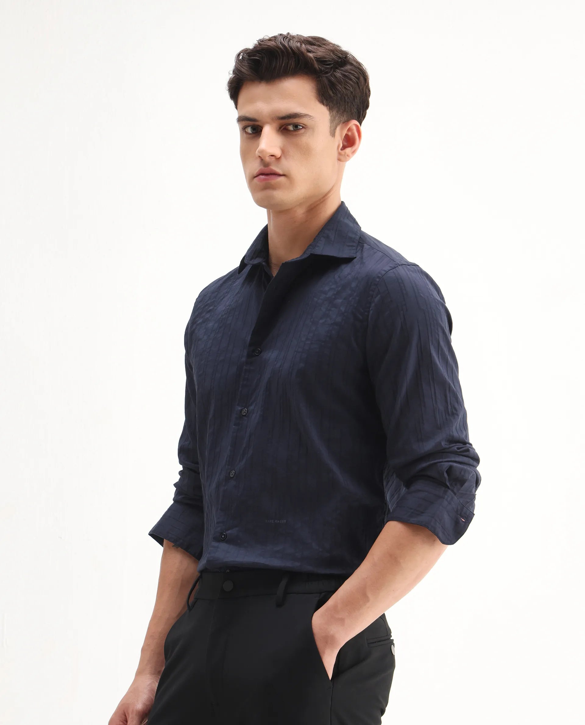 Rare Rabbit Men's Jerna-B Navy Cotton Blend Striped Print Regular Fit Half Sleeve Collared Shirt