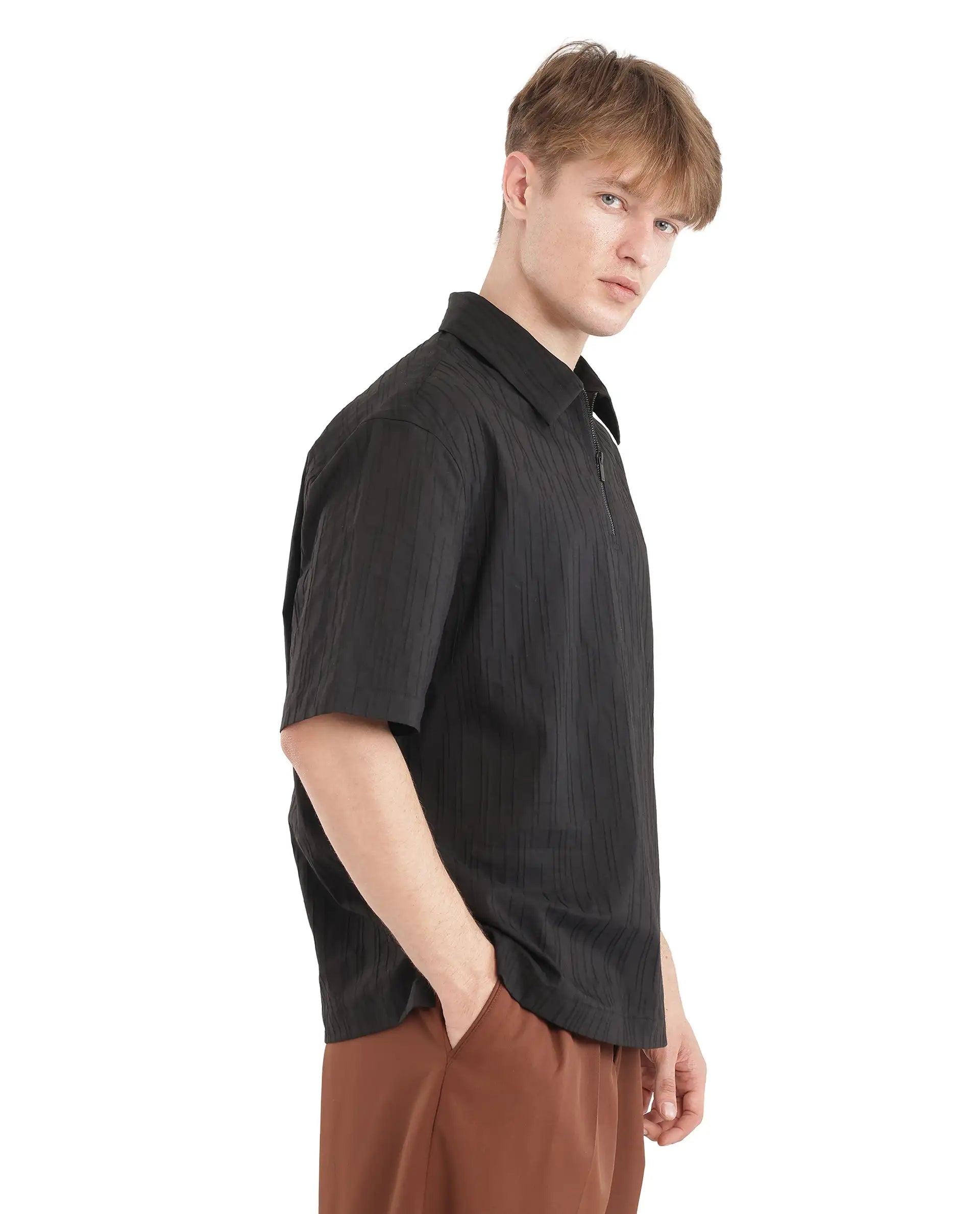 Rare Rabbit Men Jern Black Poly Blend Fabric Relaxed Fit Short Sleeve Regular Collar with Zipper Dobby Stripe Shirt