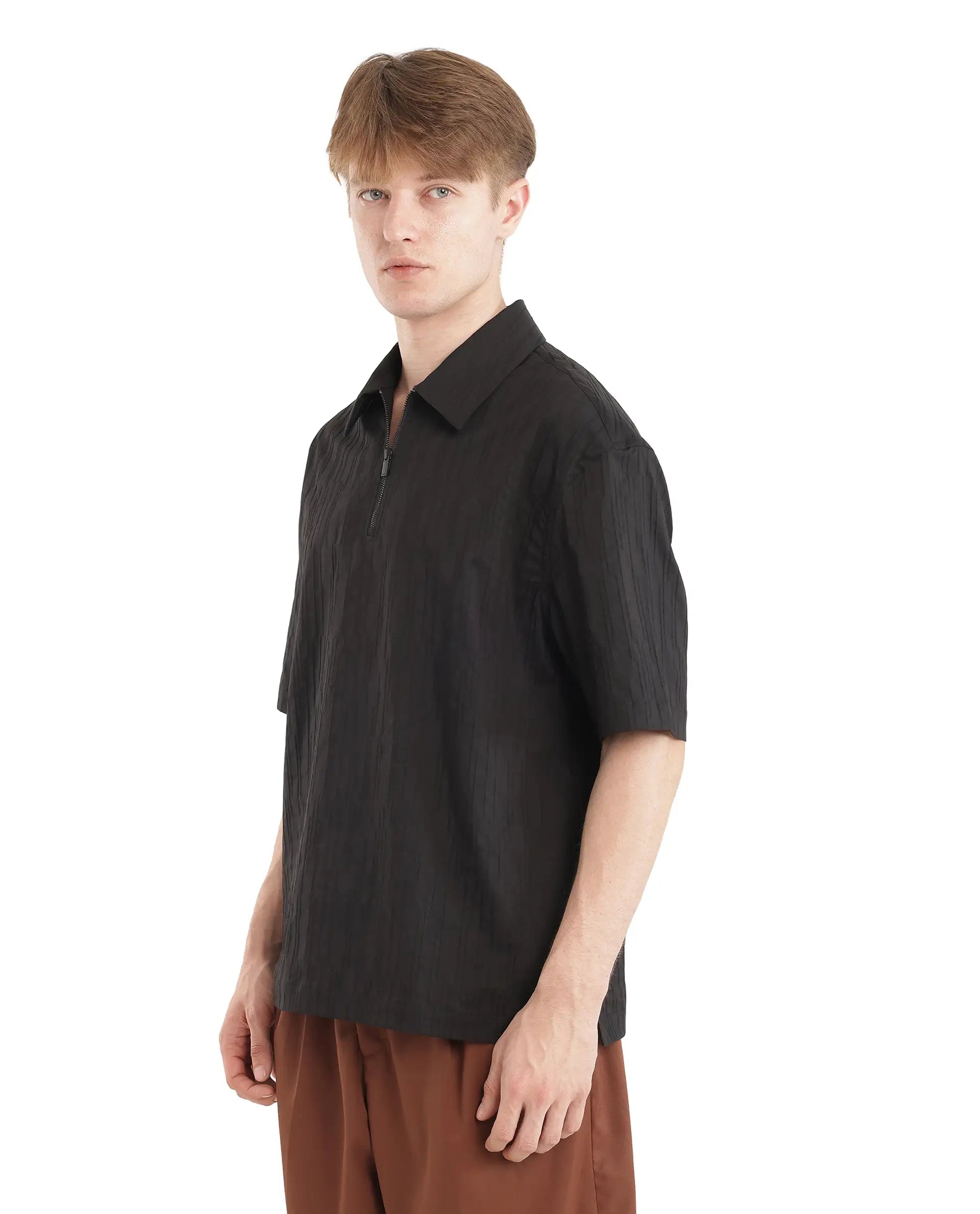 Rare Rabbit Men Jern Black Poly Blend Fabric Relaxed Fit Short Sleeve Regular Collar with Zipper Dobby Stripe Shirt
