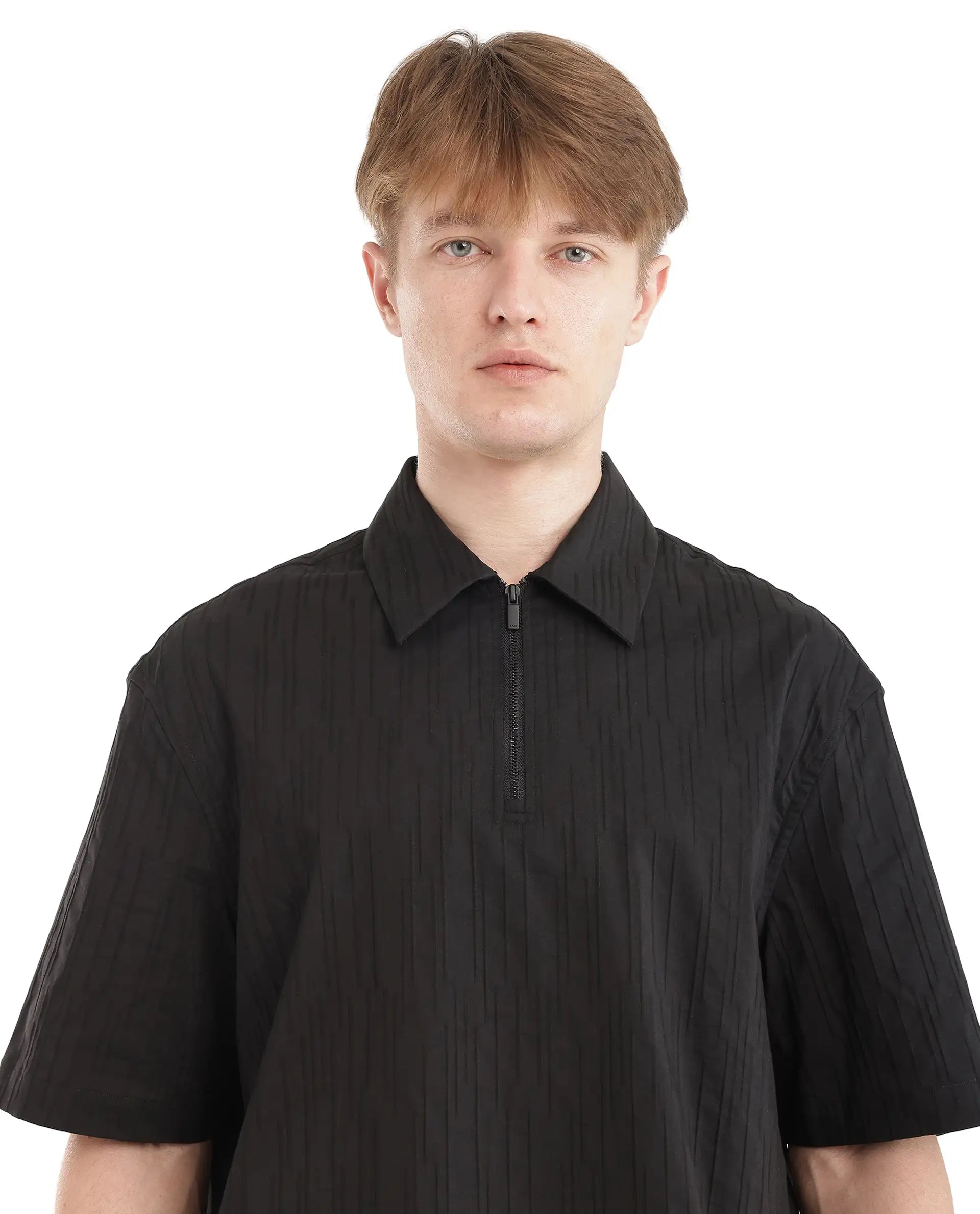 Rare Rabbit Men Jern Black Poly Blend Fabric Relaxed Fit Short Sleeve Regular Collar with Zipper Dobby Stripe Shirt