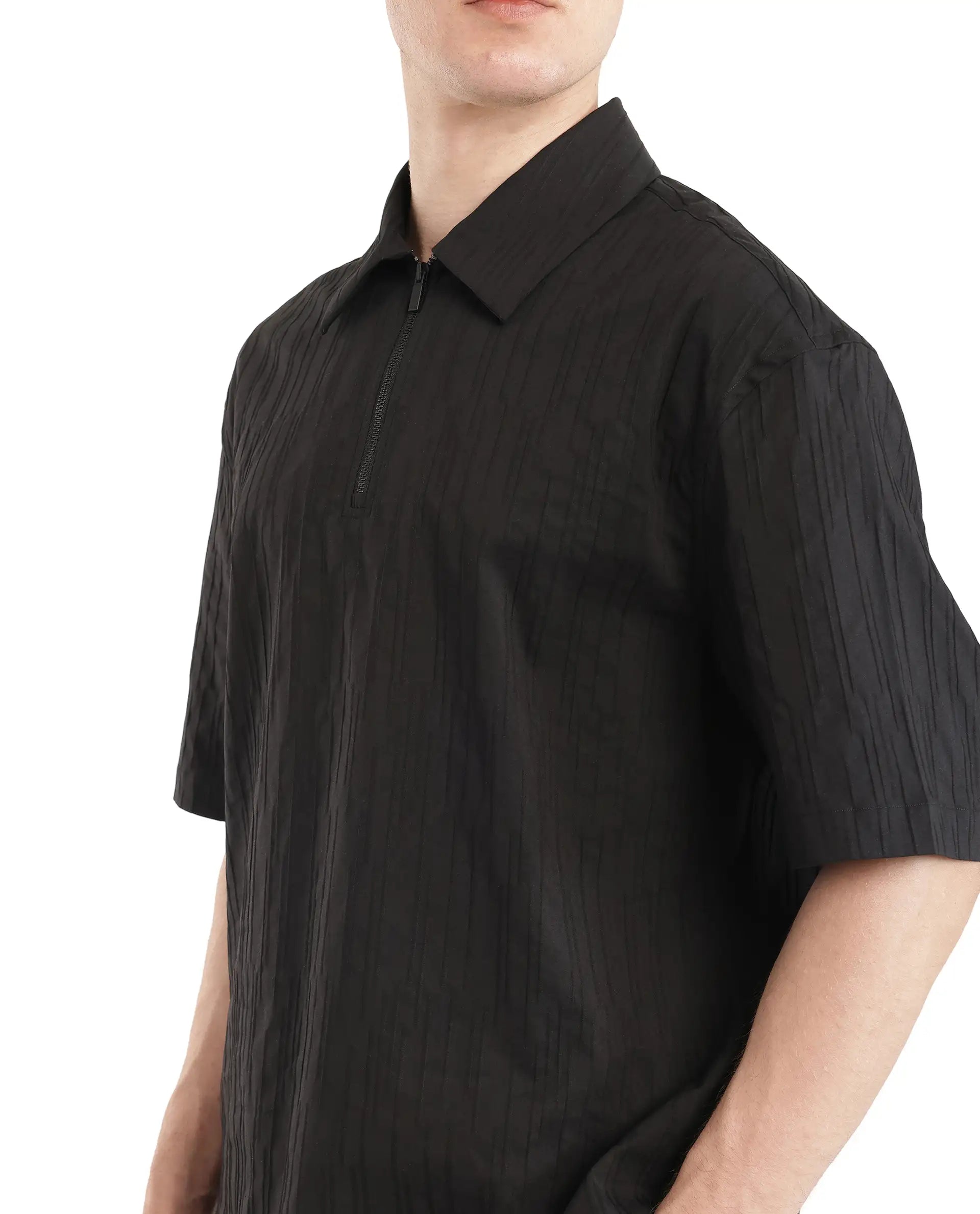 Rare Rabbit Men Jern Black Poly Blend Fabric Relaxed Fit Short Sleeve Regular Collar with Zipper Dobby Stripe Shirt