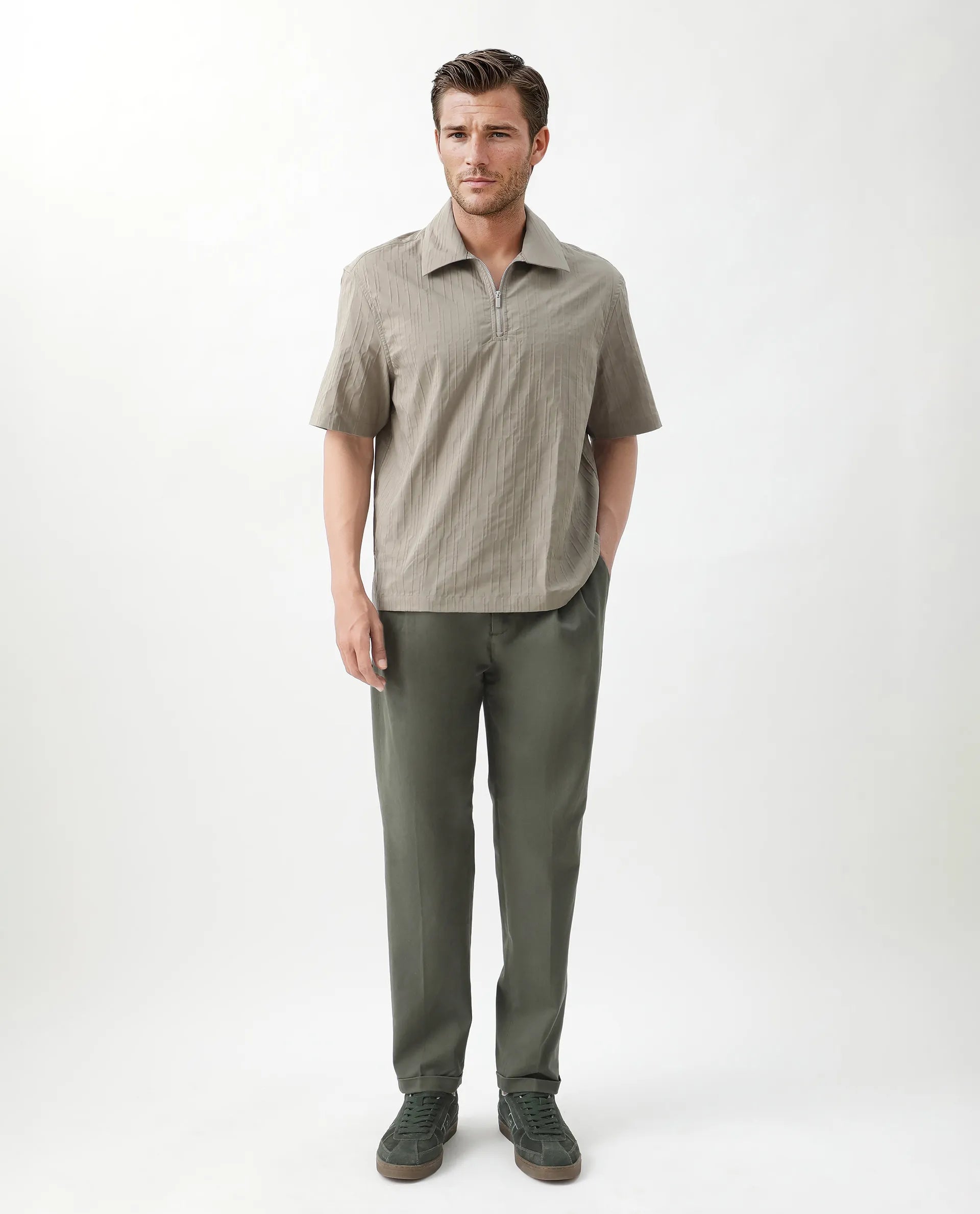 Rare Rabbit Men's Jern Dusky Grey Poly Blend Striped Print Relaxed Fit Half Sleeve Collared Shirt