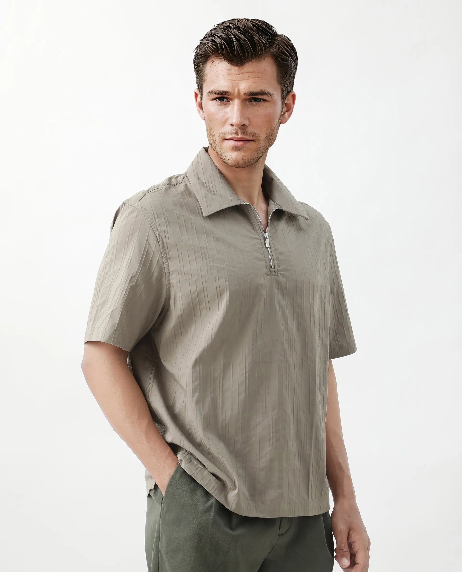 Rare Rabbit Men's Jern Dusky Grey Poly Blend Striped Print Relaxed Fit Half Sleeve Collared Shirt