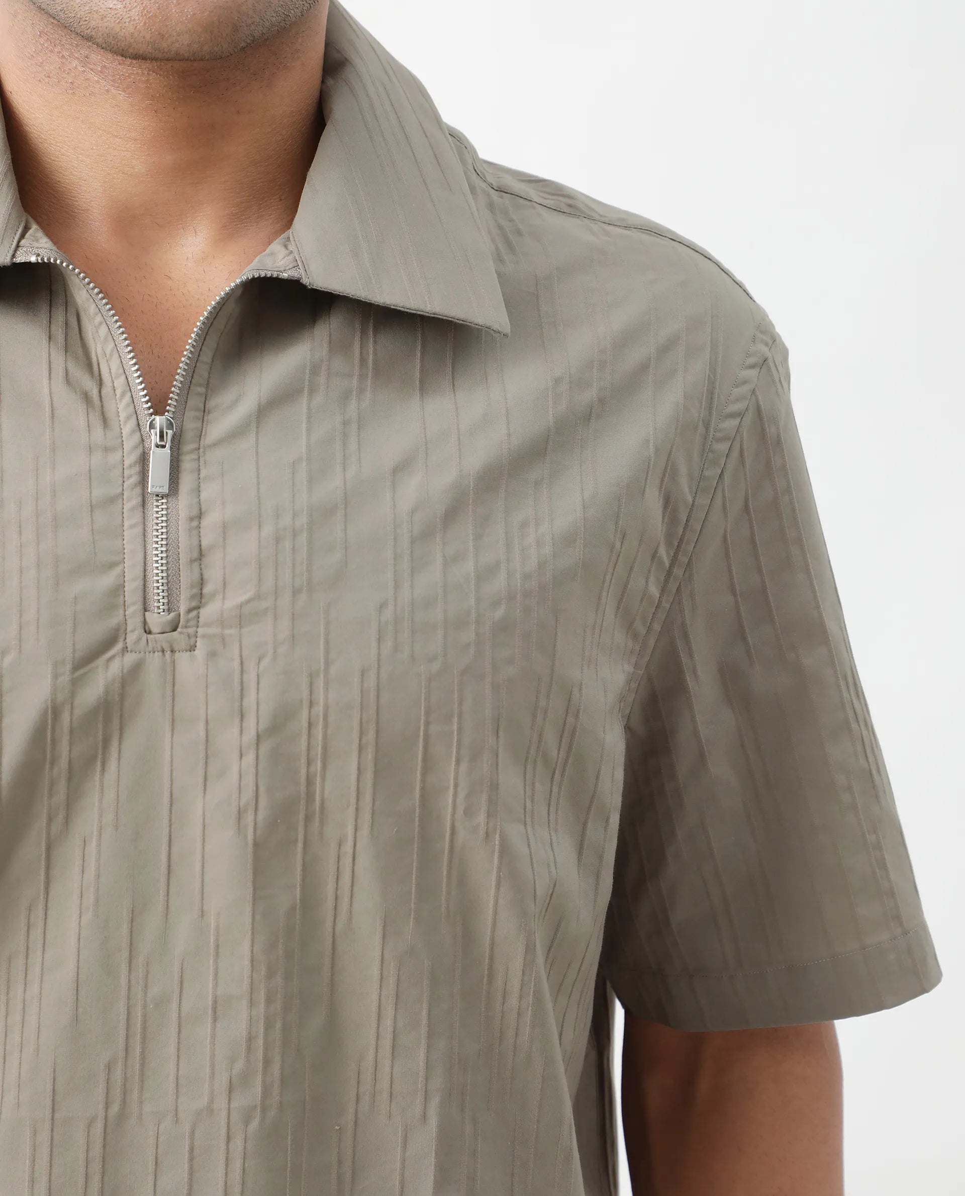 Rare Rabbit Men's Jern Dusky Grey Poly Blend Striped Print Relaxed Fit Half Sleeve Collared Shirt