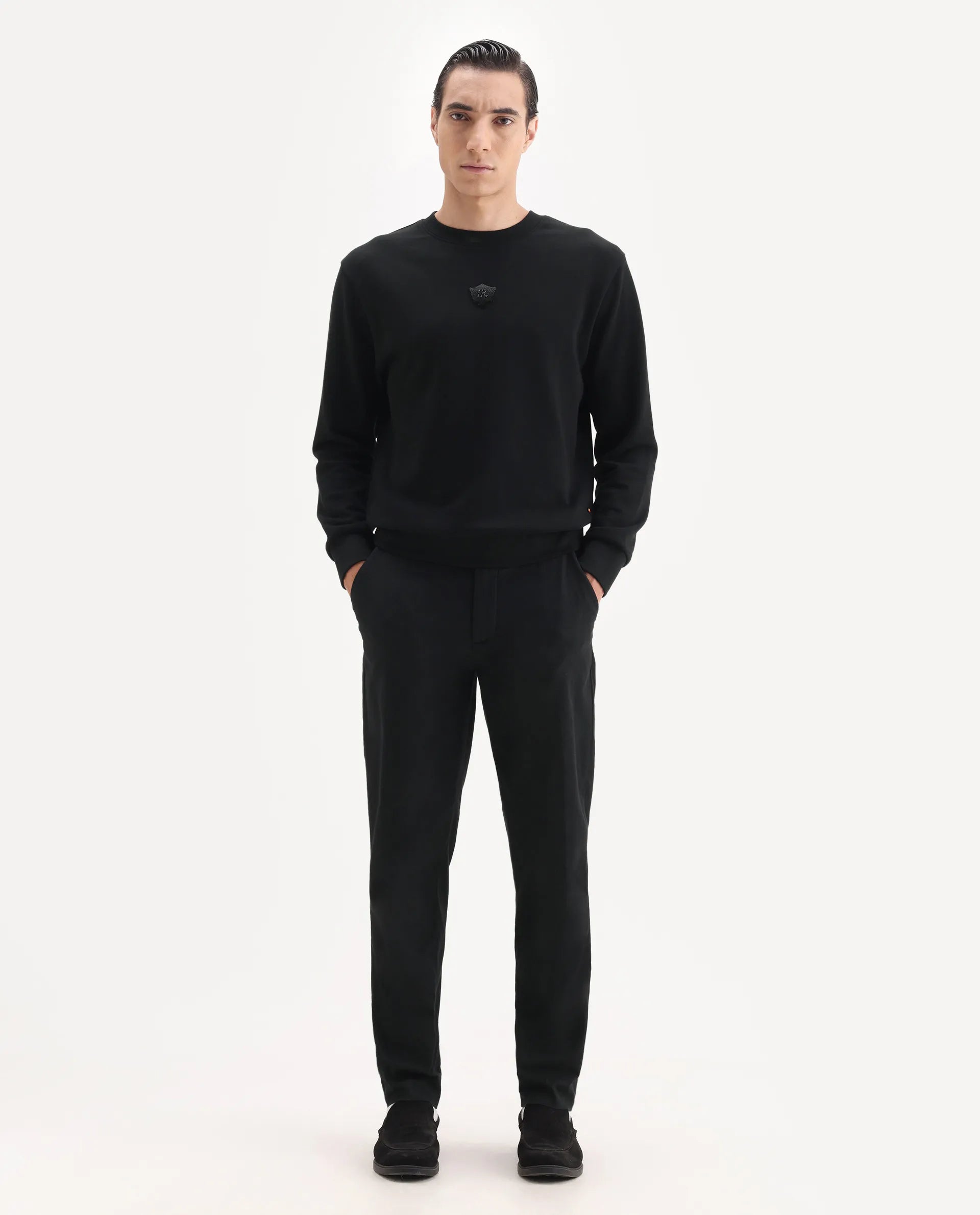 Rare Rabbit Men's Jes Black Cotton Blend Jacquard Relaxed Fit Trouser