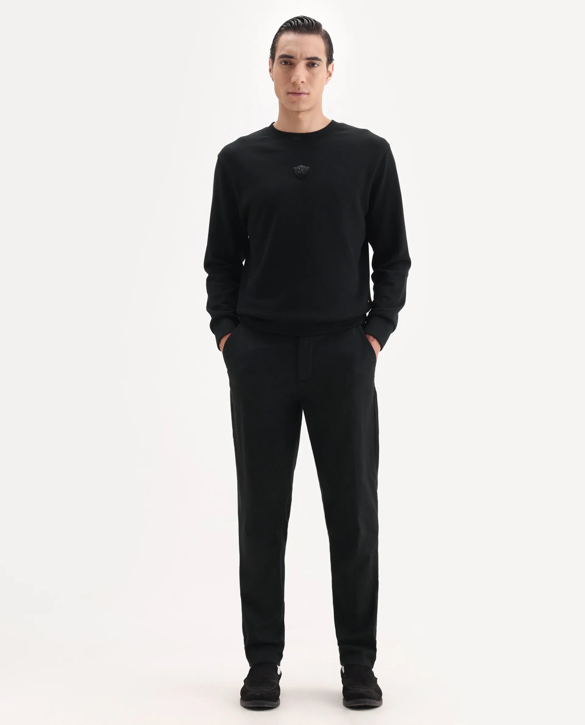 Rare Rabbit Men's Jes Black Cotton Blend Jacquard Relaxed Fit Trouser