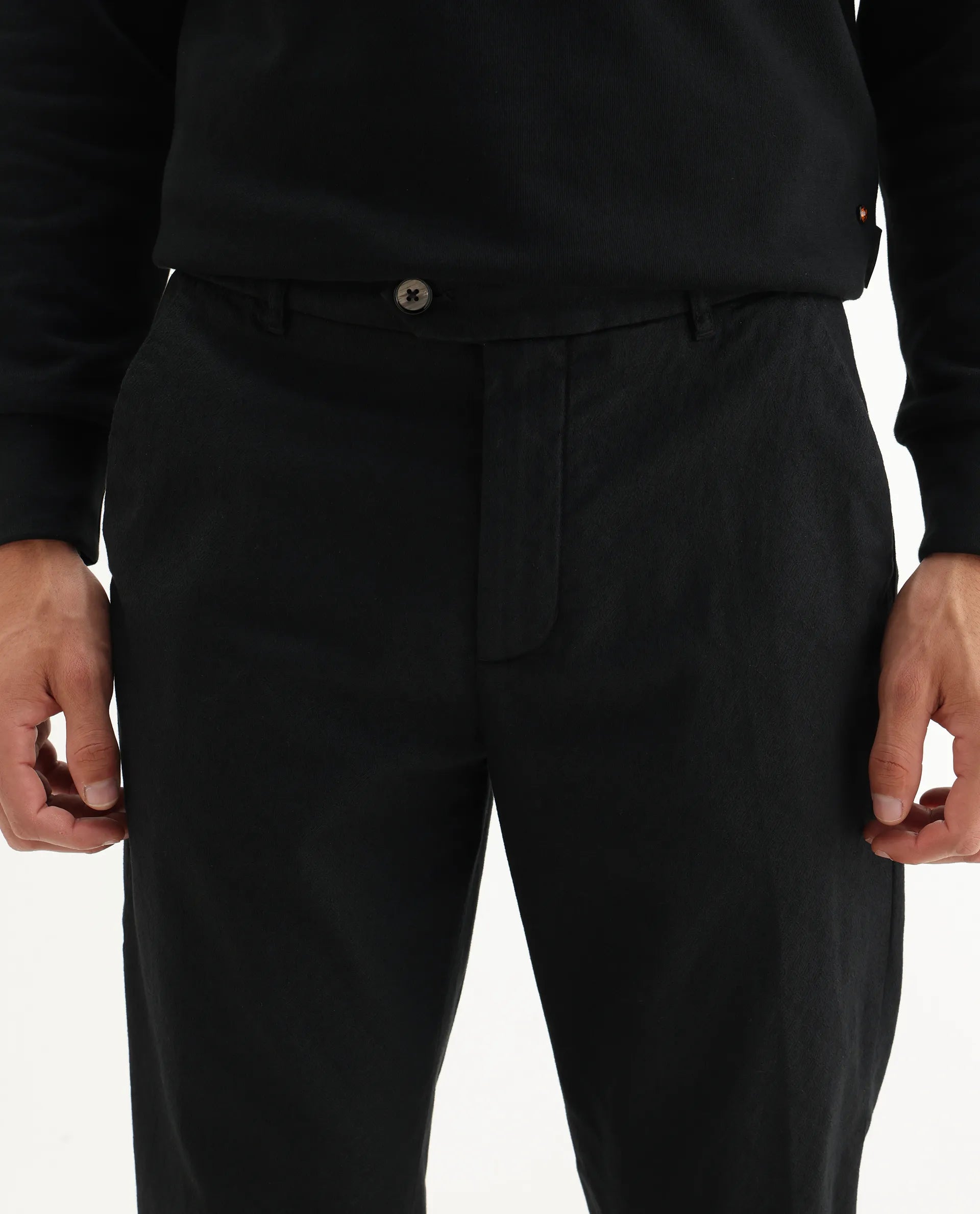 Rare Rabbit Men's Jes Black Cotton Blend Jacquard Relaxed Fit Trouser