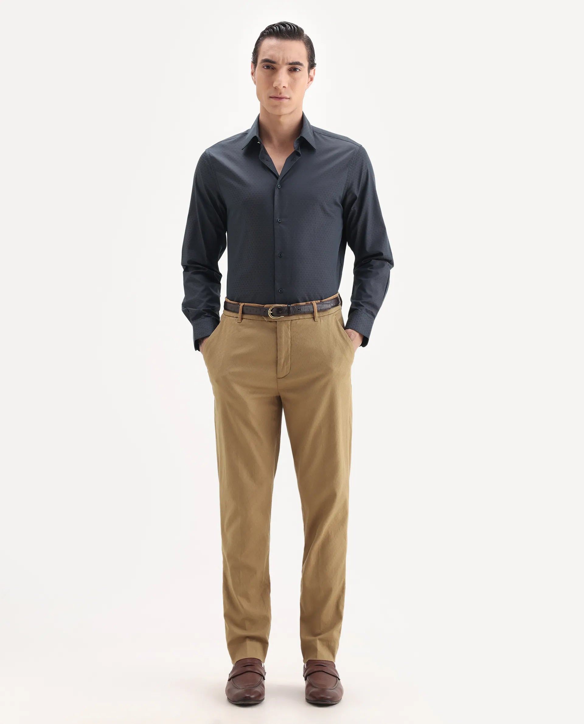 Rare Rabbit Men's Jes Khaki Cotton Blend Jacquard Relaxed Fit Trouser