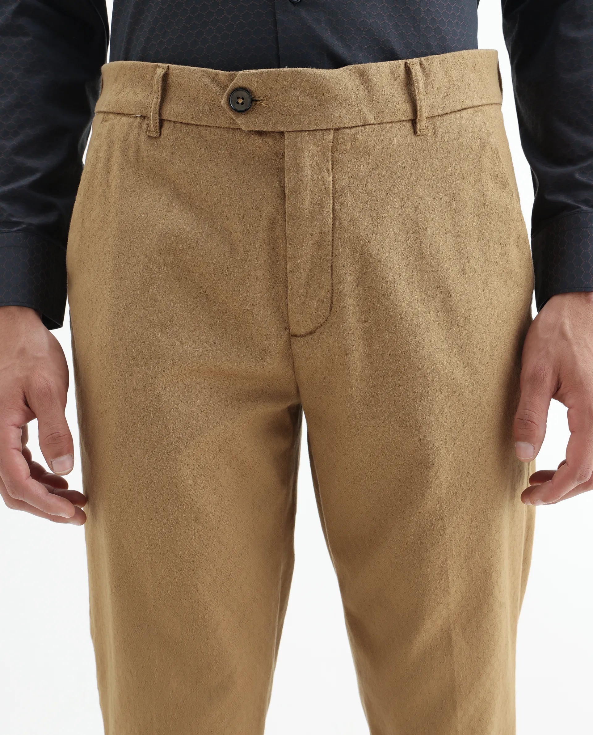 Rare Rabbit Men's Jes Khaki Cotton Blend Jacquard Relaxed Fit Trouser