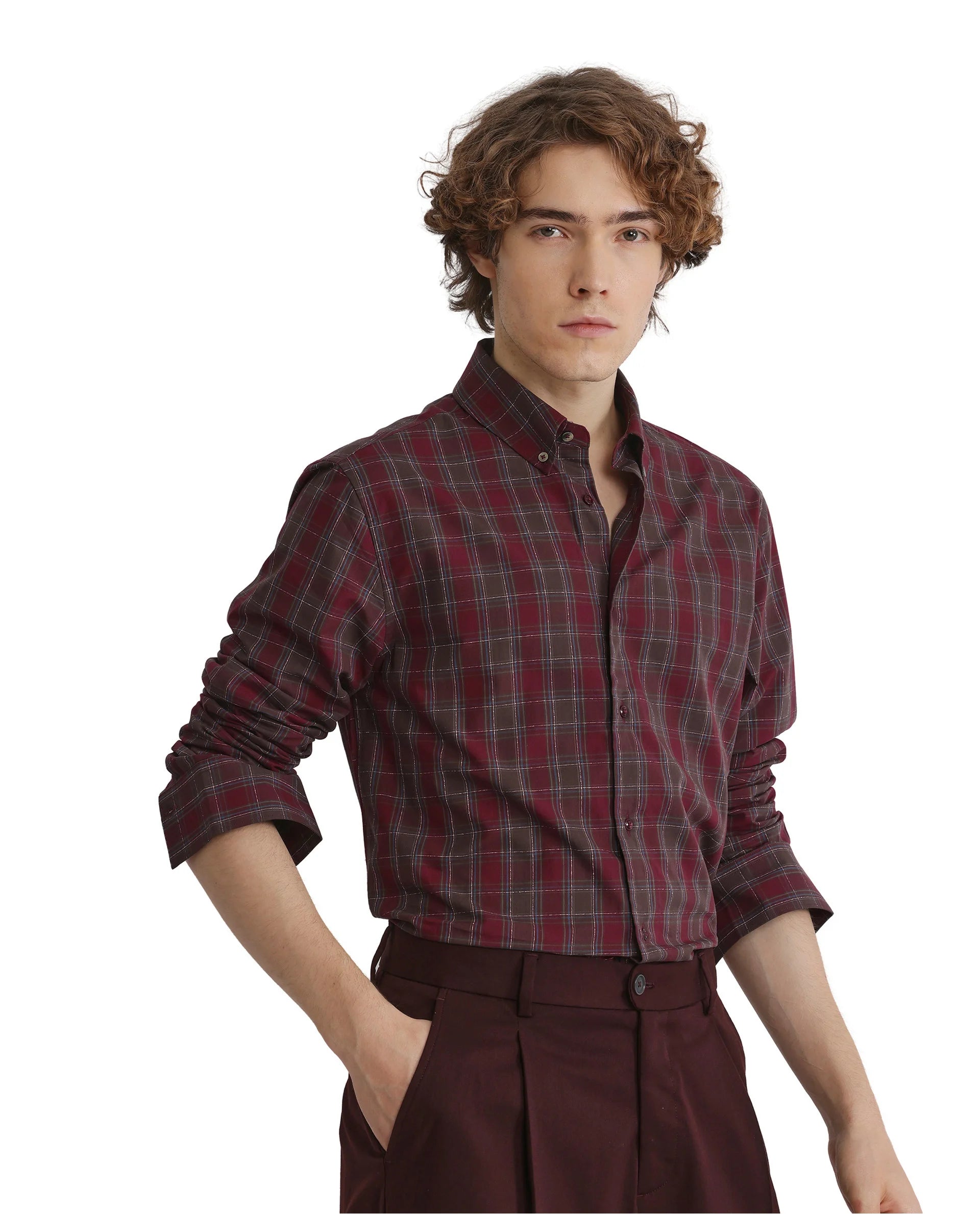 Rare Rabbit Men's Jessen Red Cotton Fabric Full Sleeve Collared Neck Checks Shirt