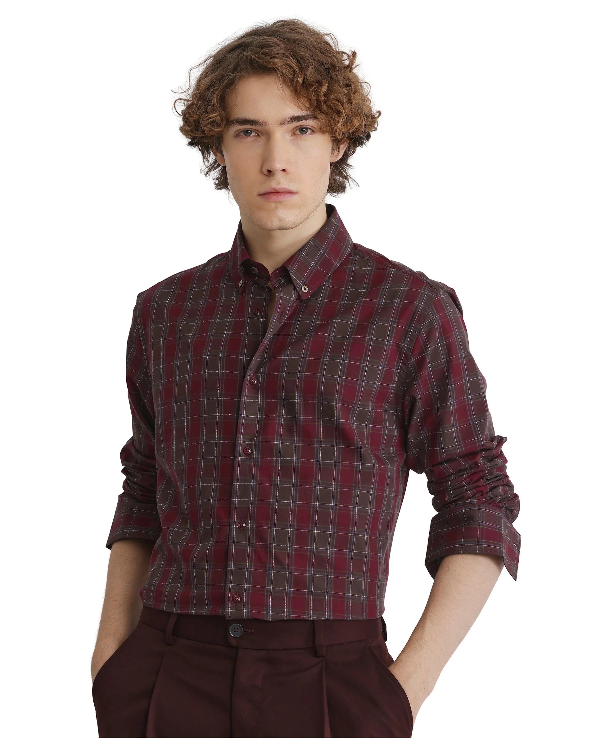 Rare Rabbit Men's Jessen Red Cotton Fabric Full Sleeve Collared Neck Checks Shirt