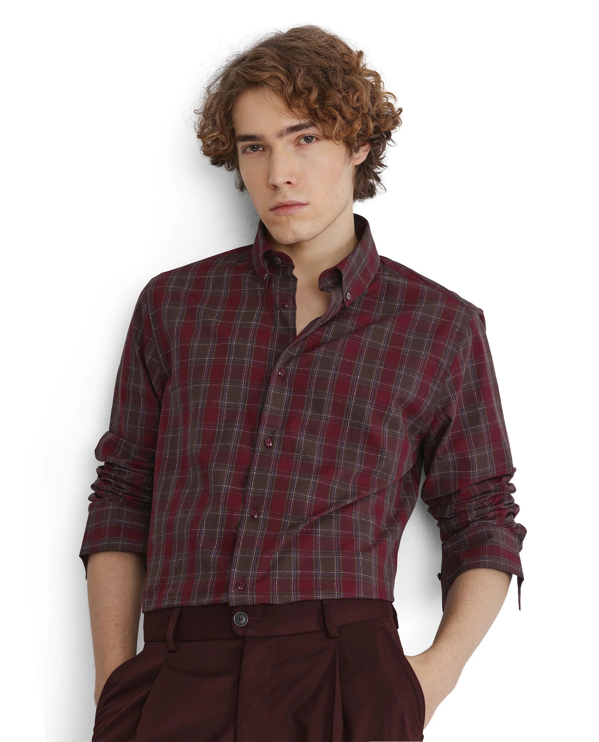 Rare Rabbit Men's Jessen Red Cotton Fabric Full Sleeve Collared Neck Checks Shirt