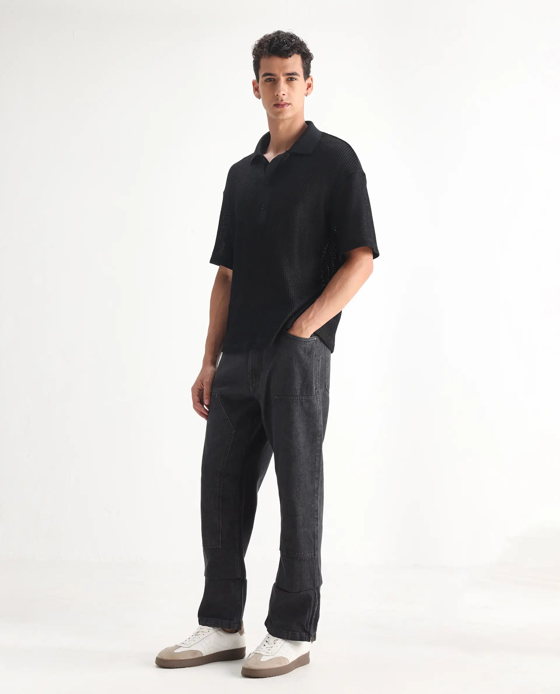 Rare Rabbit Men's Jettor Dark Grey Cotton Plain Relaxed Fit Jeans