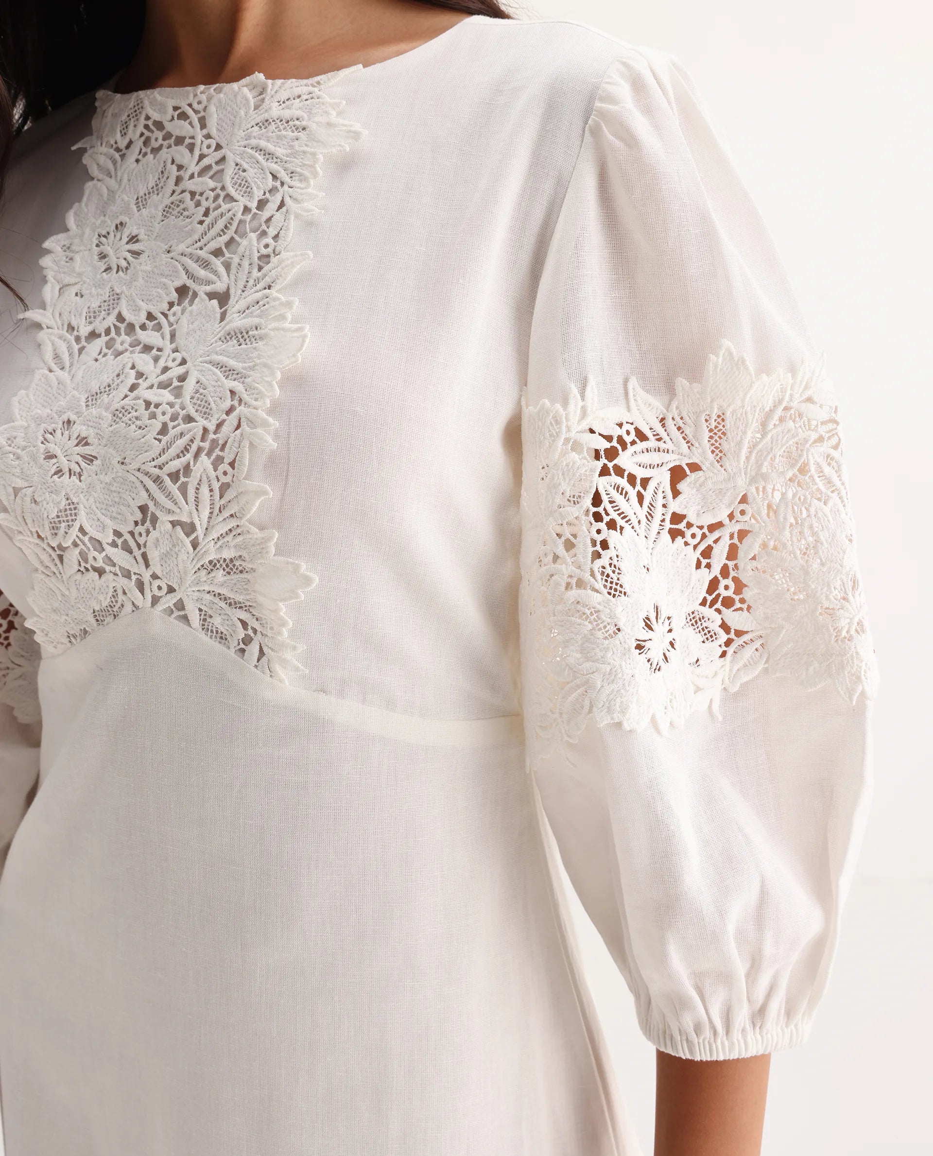 Rareism Women's Jex Off White Cotton Blend Round Neck A-Line Plain Midi Dress