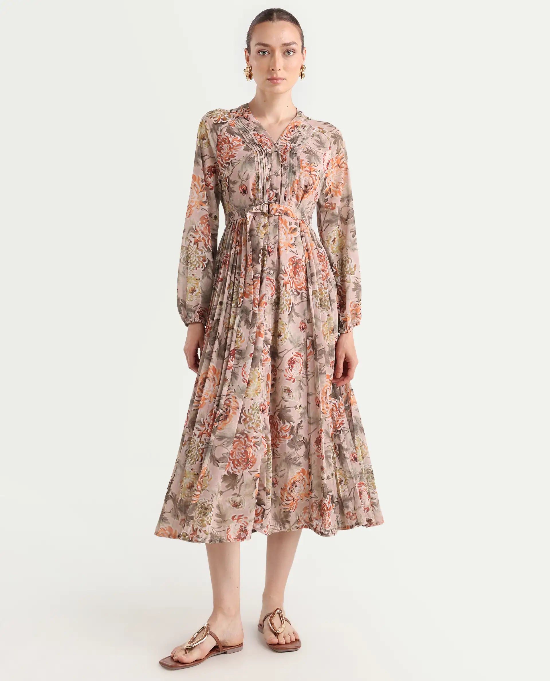 Rareism Women's Jibon Multi Polyester V-Neck Floral Print Midi A-Line Dress