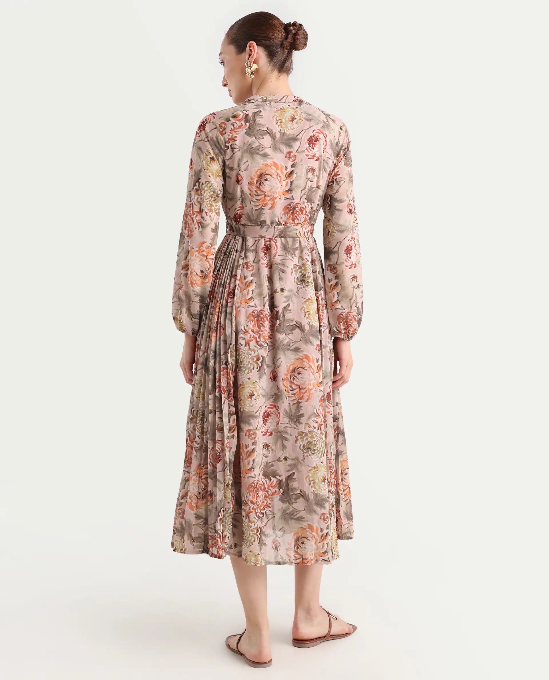 Rareism Women's Jibon Multi Polyester V-Neck Floral Print Midi A-Line Dress