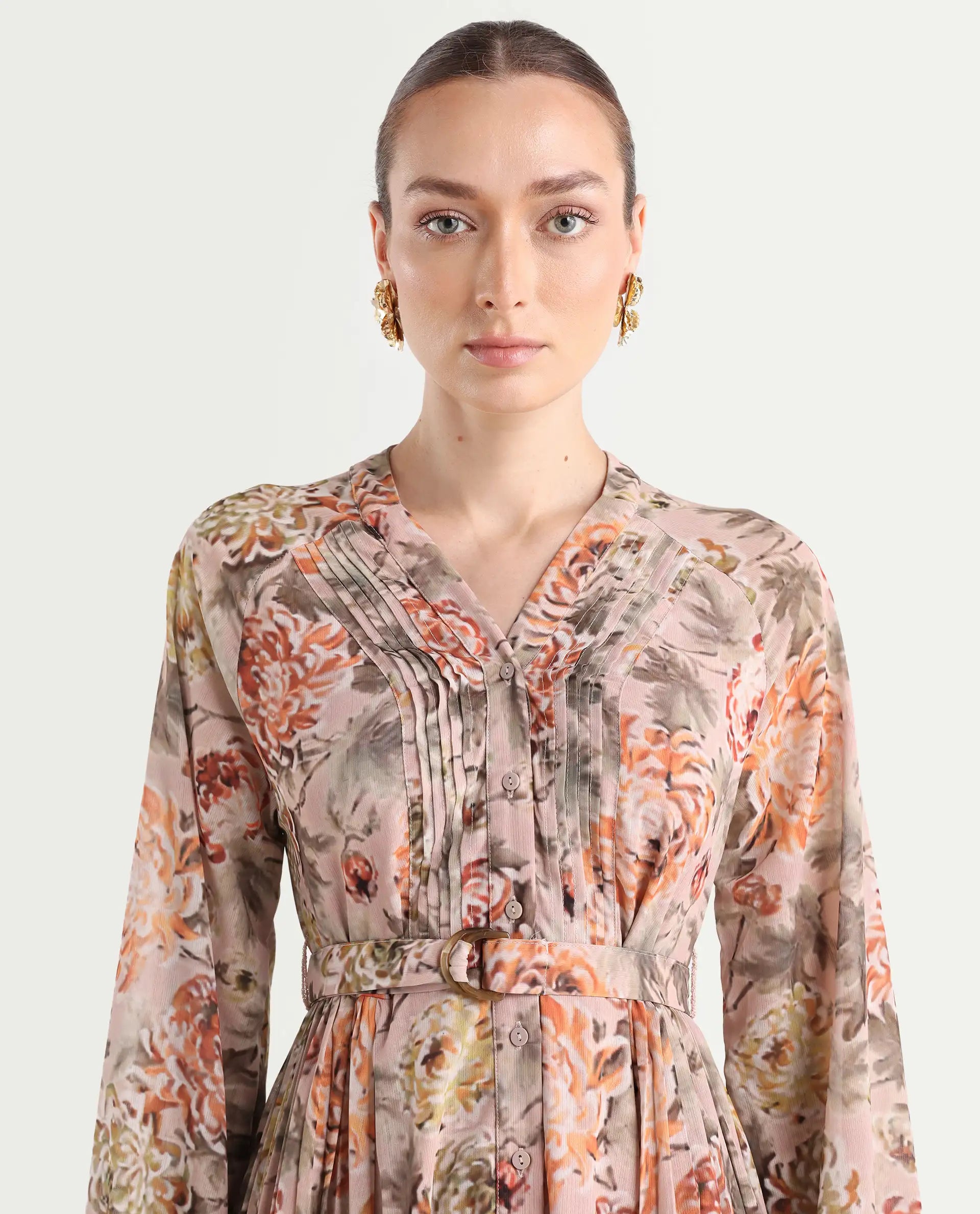 Rareism Women's Jibon Multi Polyester V-Neck Floral Print Midi A-Line Dress