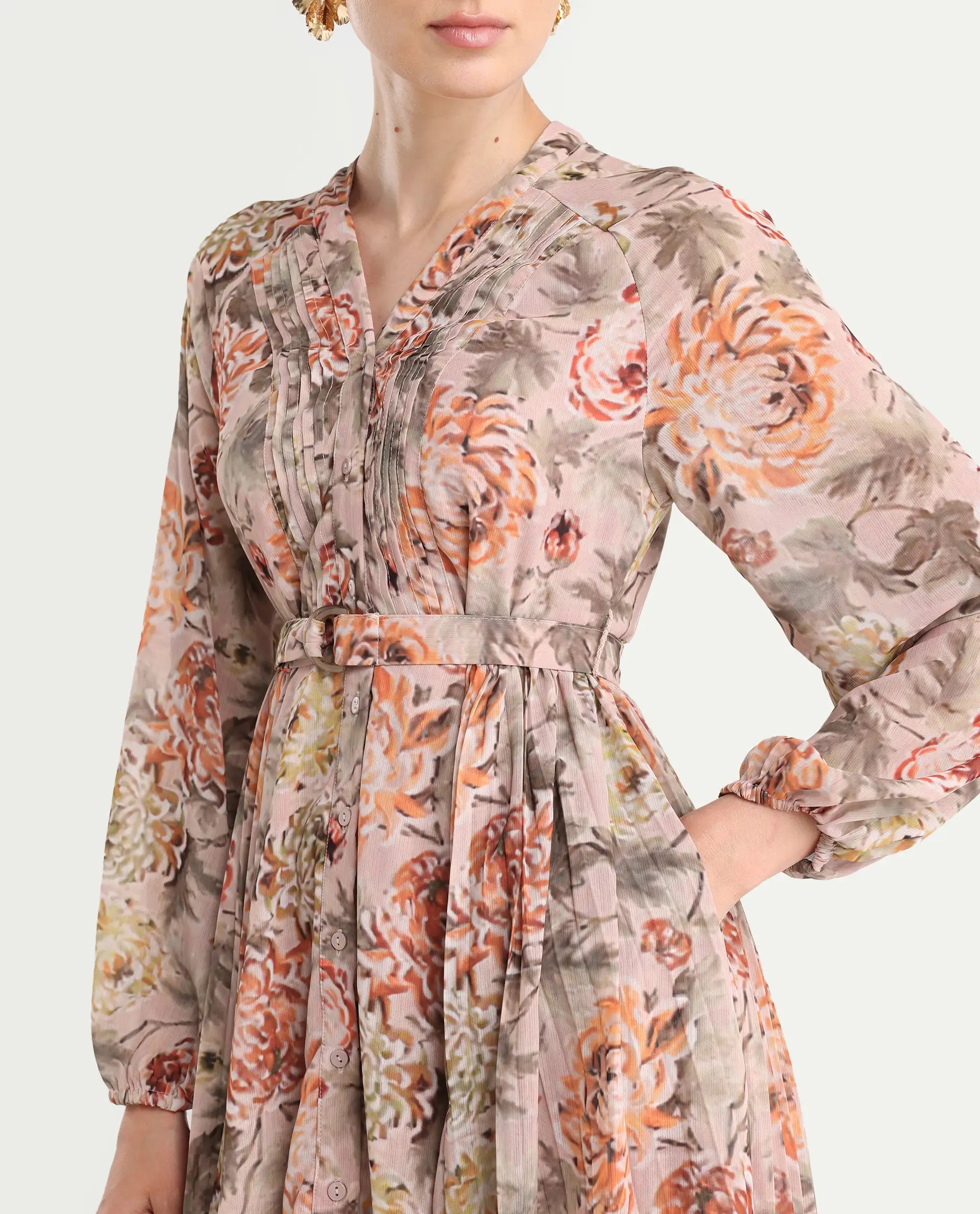 Rareism Women's Jibon Multi Polyester V-Neck Floral Print Midi A-Line Dress