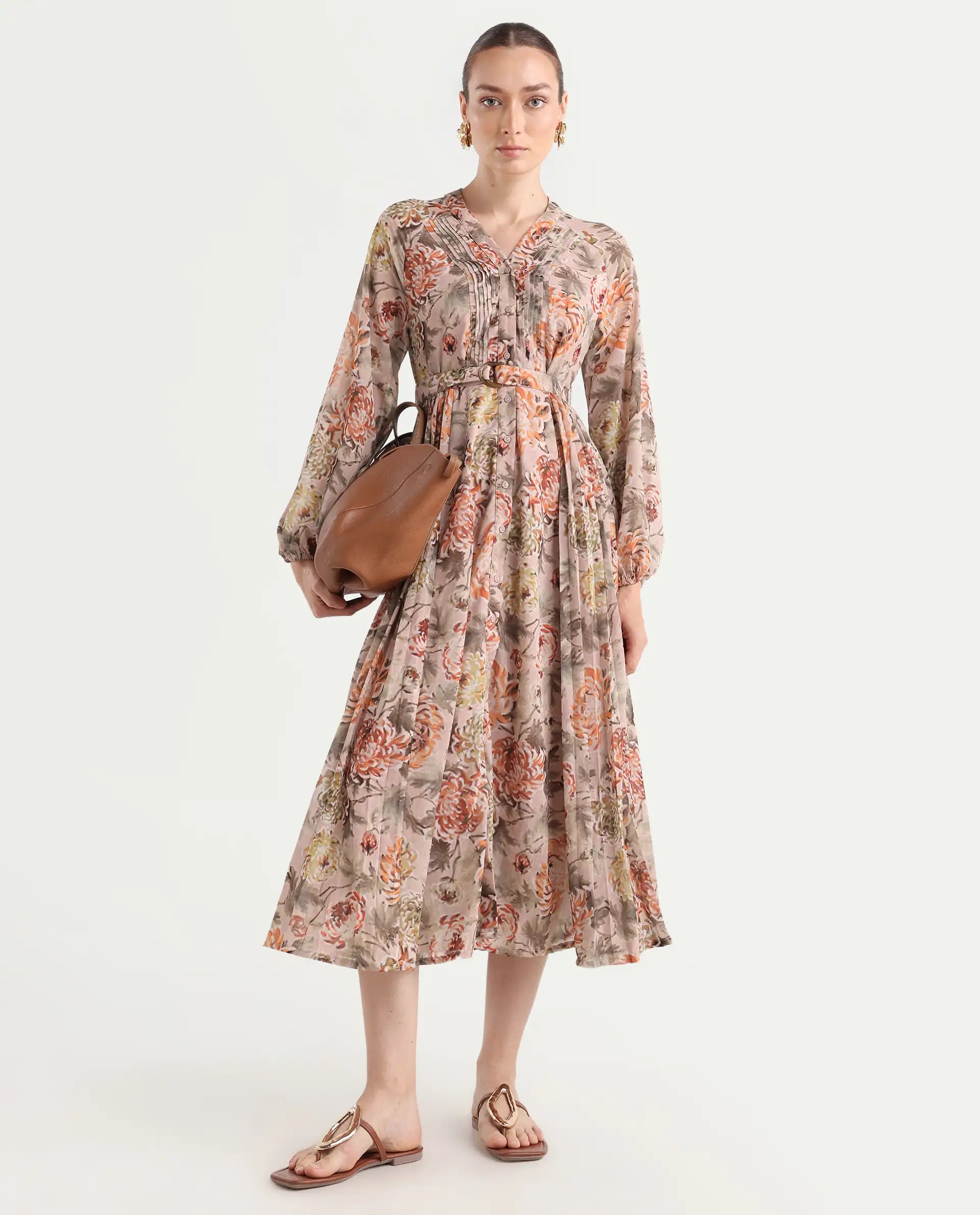 Rareism Women's Jibon Multi Polyester V-Neck Floral Print Midi A-Line Dress