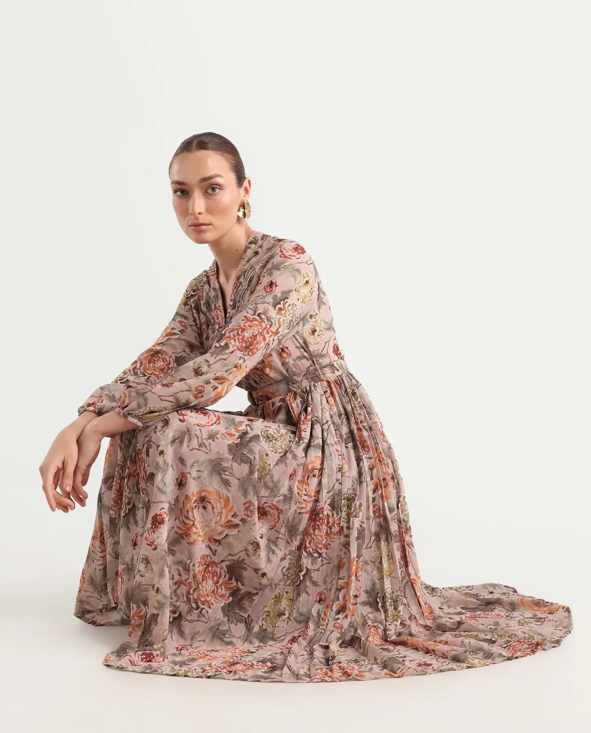 Rareism Women's Jibon Multi Polyester V-Neck Floral Print Midi A-Line Dress