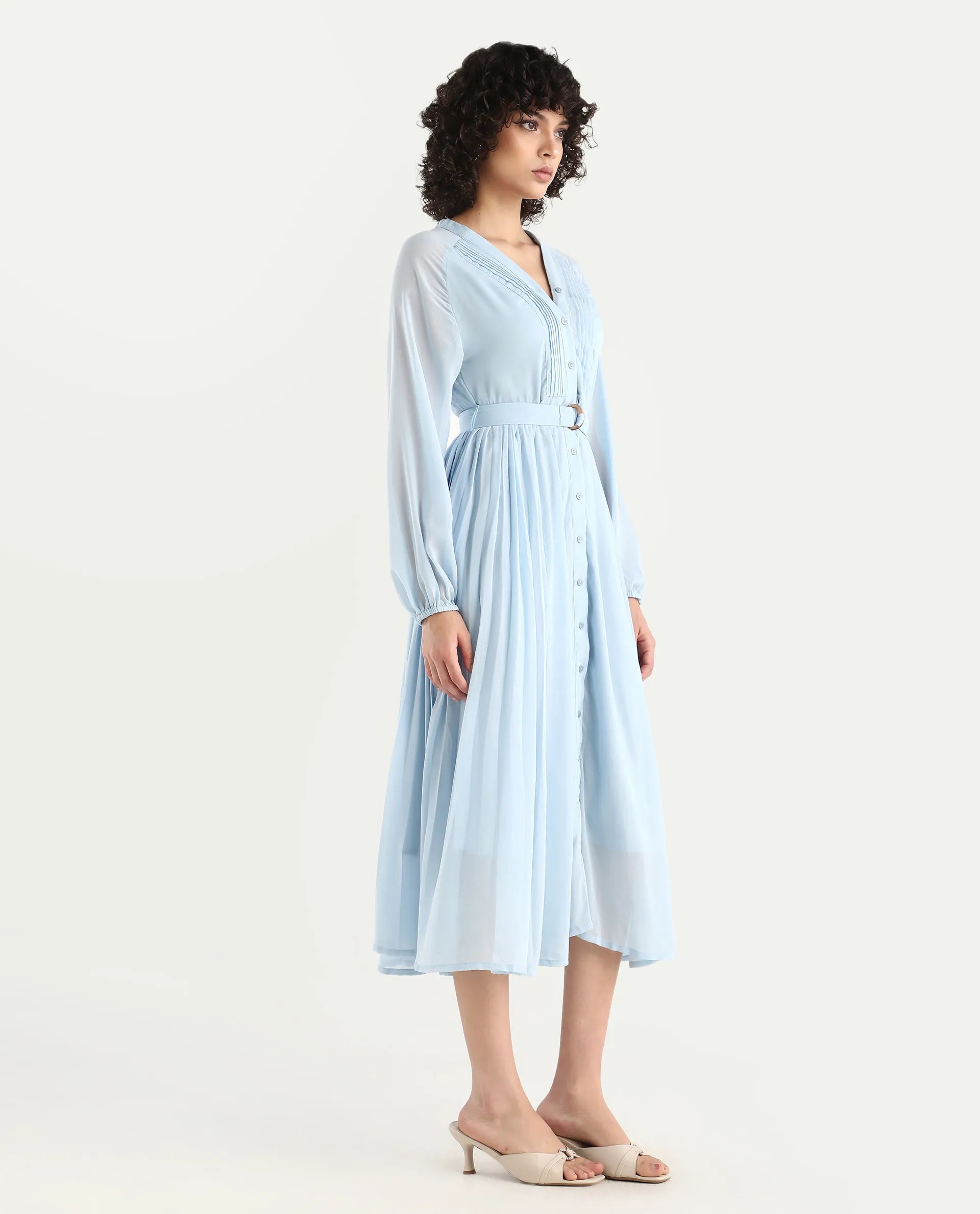 Rareism Women's Jibouti - Light Blue Polyester V-Neck Plain Raglan Sleeve Maxi A-Line Dress