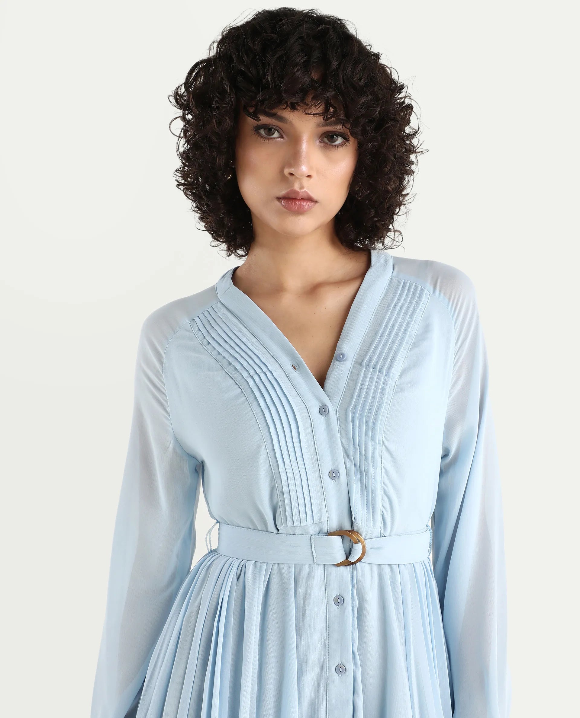 Rareism Women's Jibouti - Light Blue Polyester V-Neck Plain Raglan Sleeve Maxi A-Line Dress