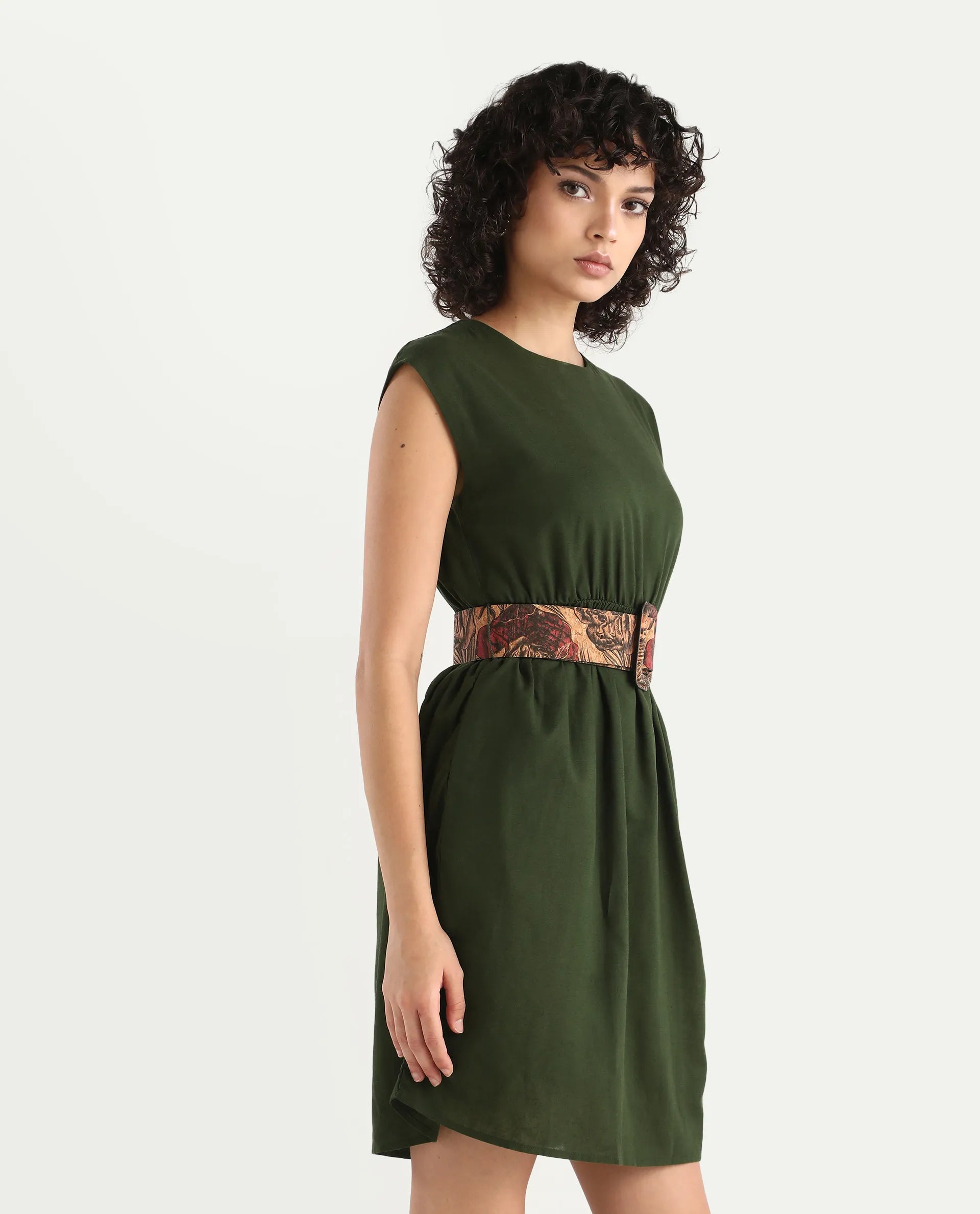 Rareism Women's Ronas Olive Cotton Blend Round Neck Plain Sleeveless Mini A-Line Dress