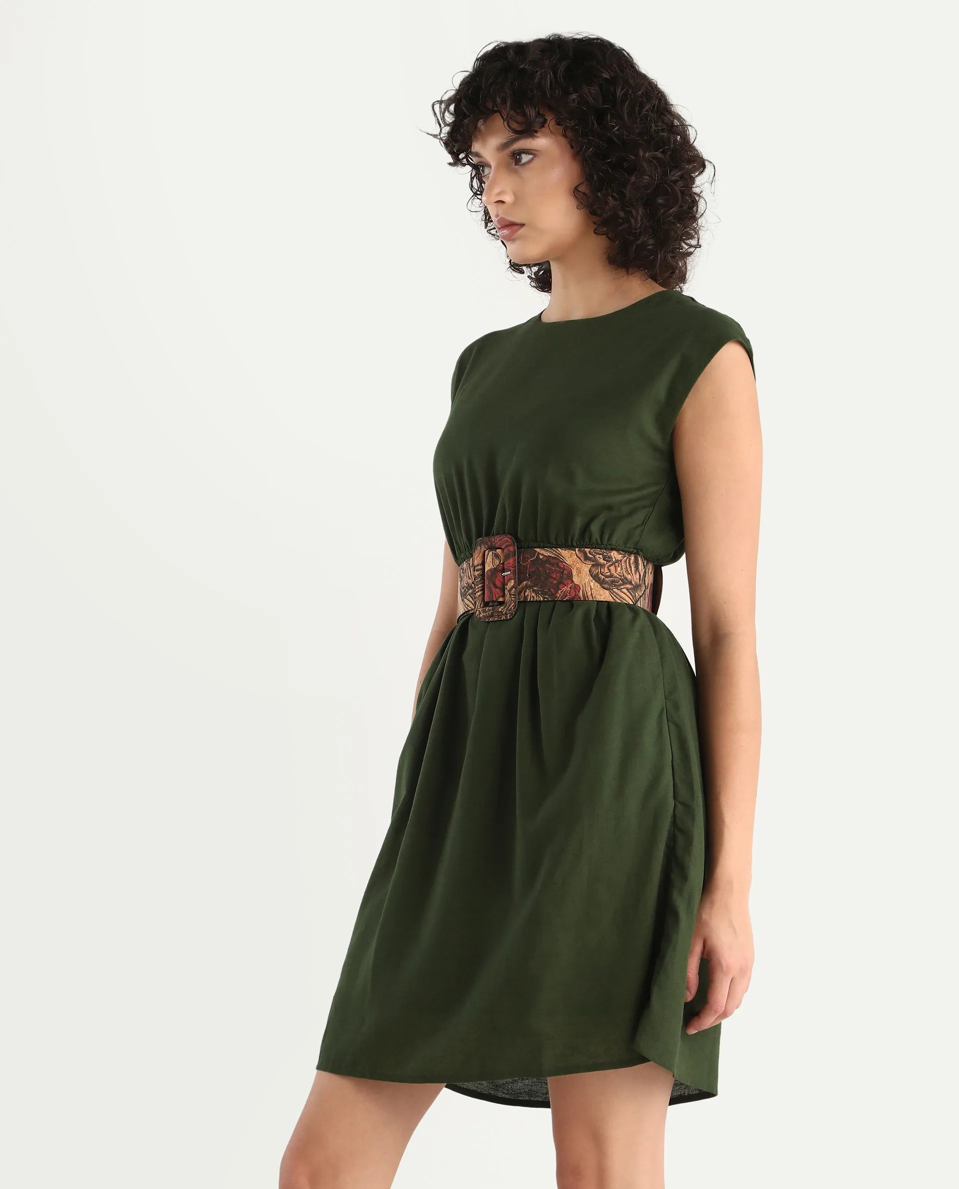 Rareism Women's Ronas Olive Cotton Blend Round Neck Plain Sleeveless Mini A-Line Dress