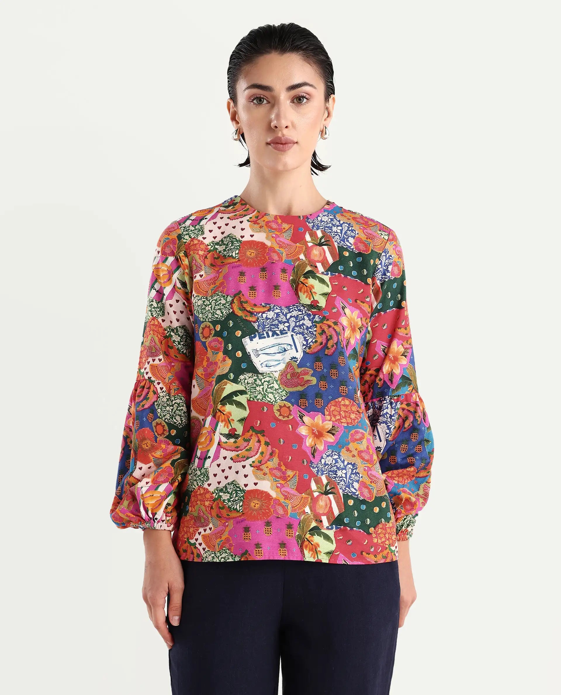 Rareism Women's Jibve Multi Rayon Crew Neck Abstract Print Lantern Sleeve Regular Fit Top