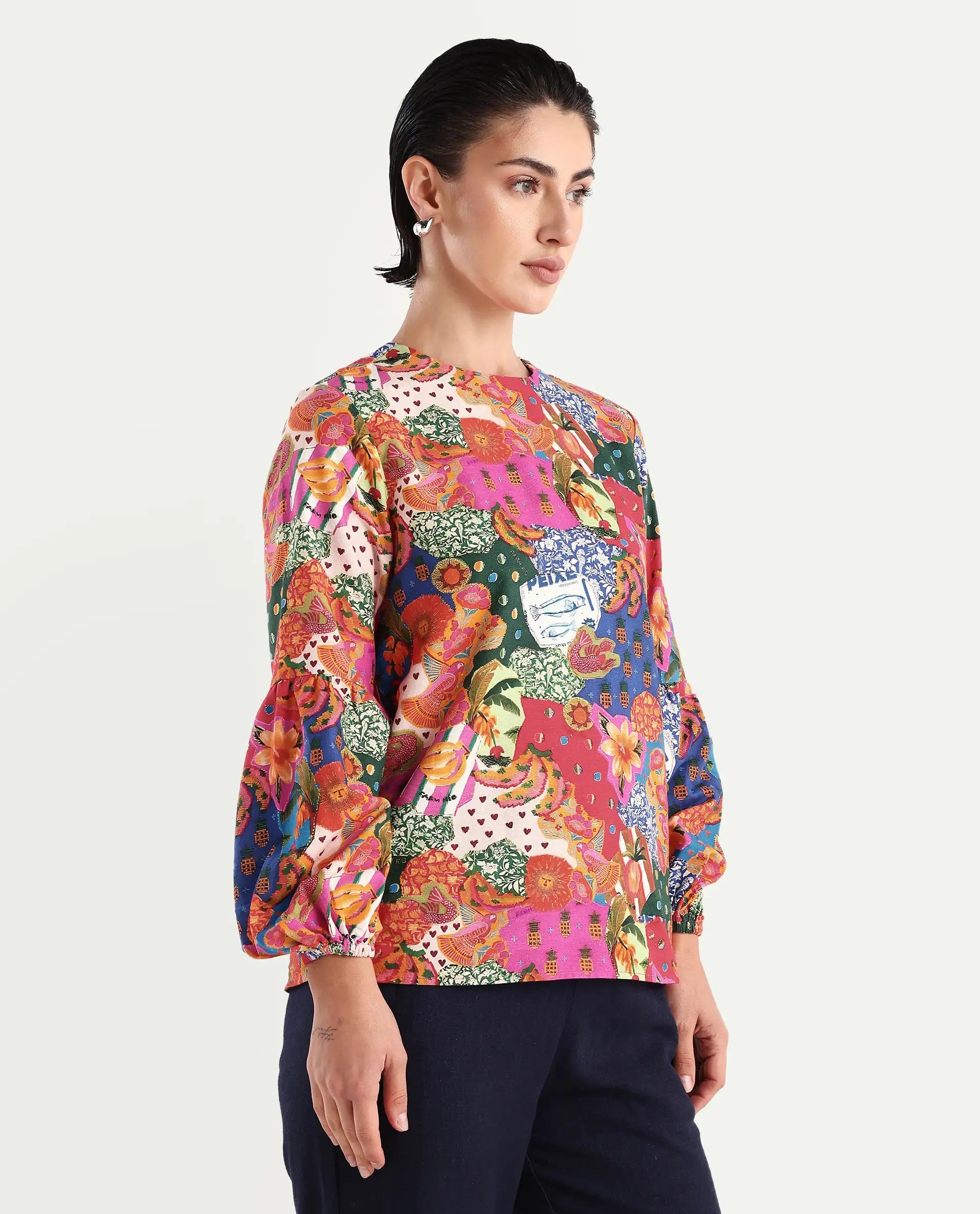 Rareism Women's Jibve Multi Rayon Crew Neck Abstract Print Lantern Sleeve Regular Fit Top