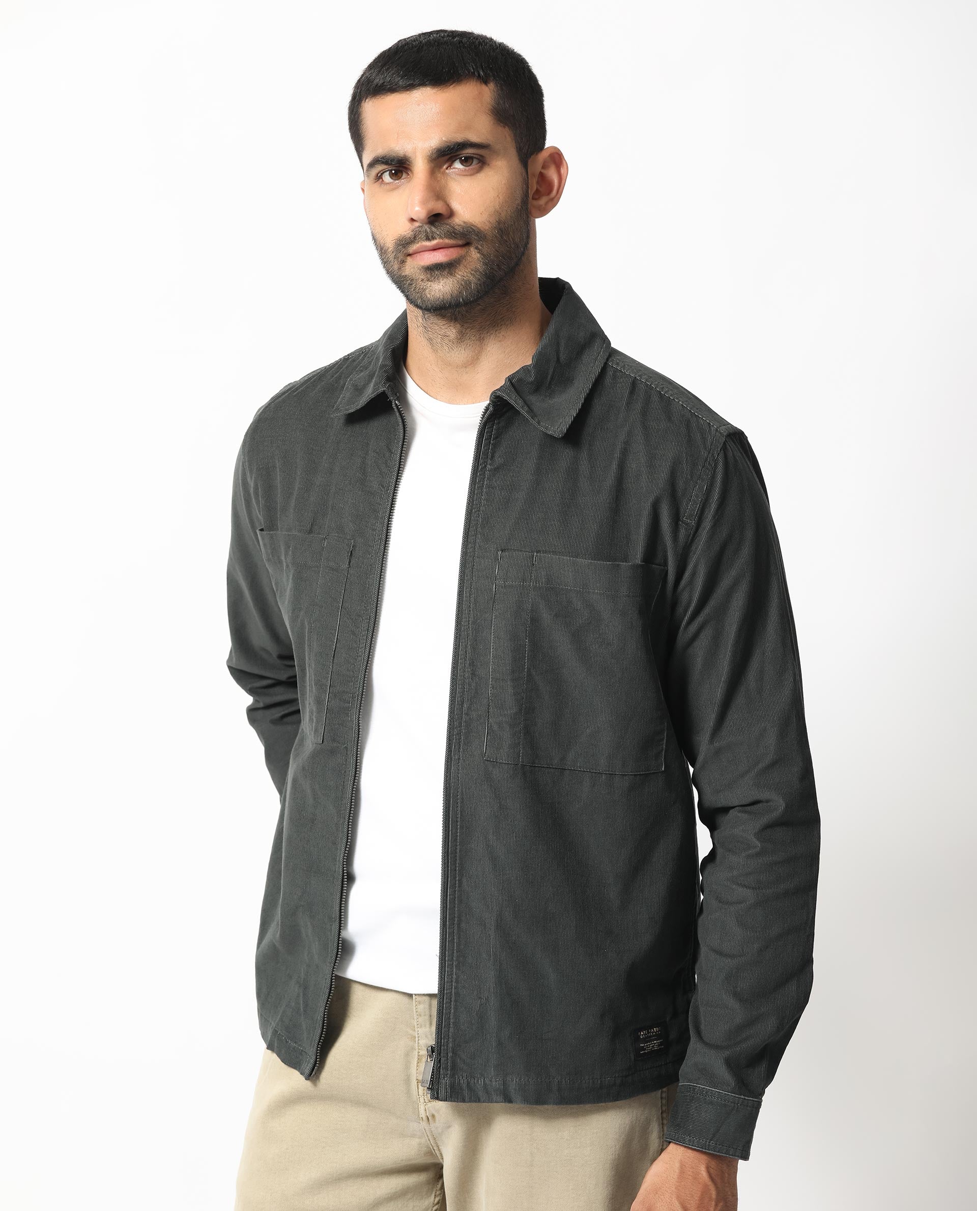 Rare Rabbit Men's Jilin Dark Grey Full Sleeves Zip Closure Solid Twill Shacket