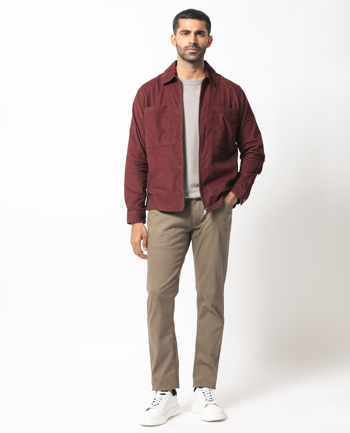 Rare Rabbit Men's Jilin Dark Maroon Cotton Fabric Full Sleeves Zip Closure Solid Twill Shacket