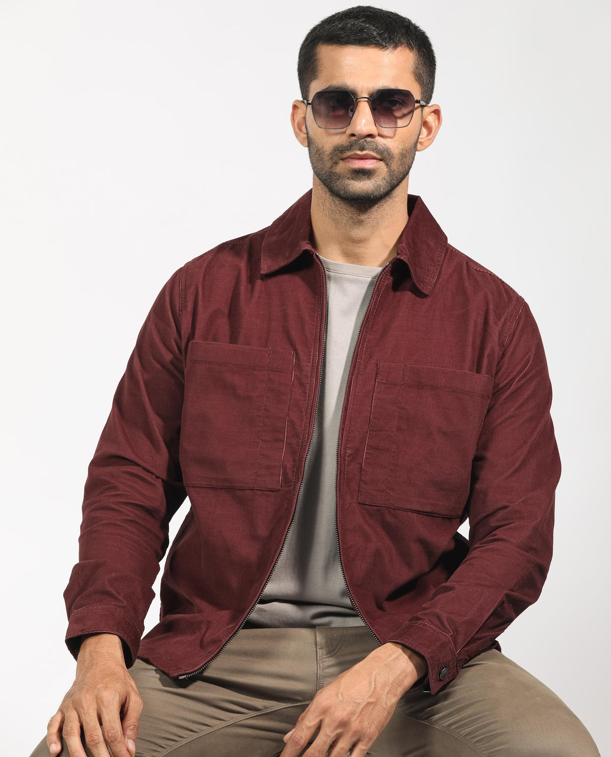 Rare Rabbit Men's Jilin Dark Maroon Cotton Fabric Full Sleeves Zip Closure Solid Twill Shacket