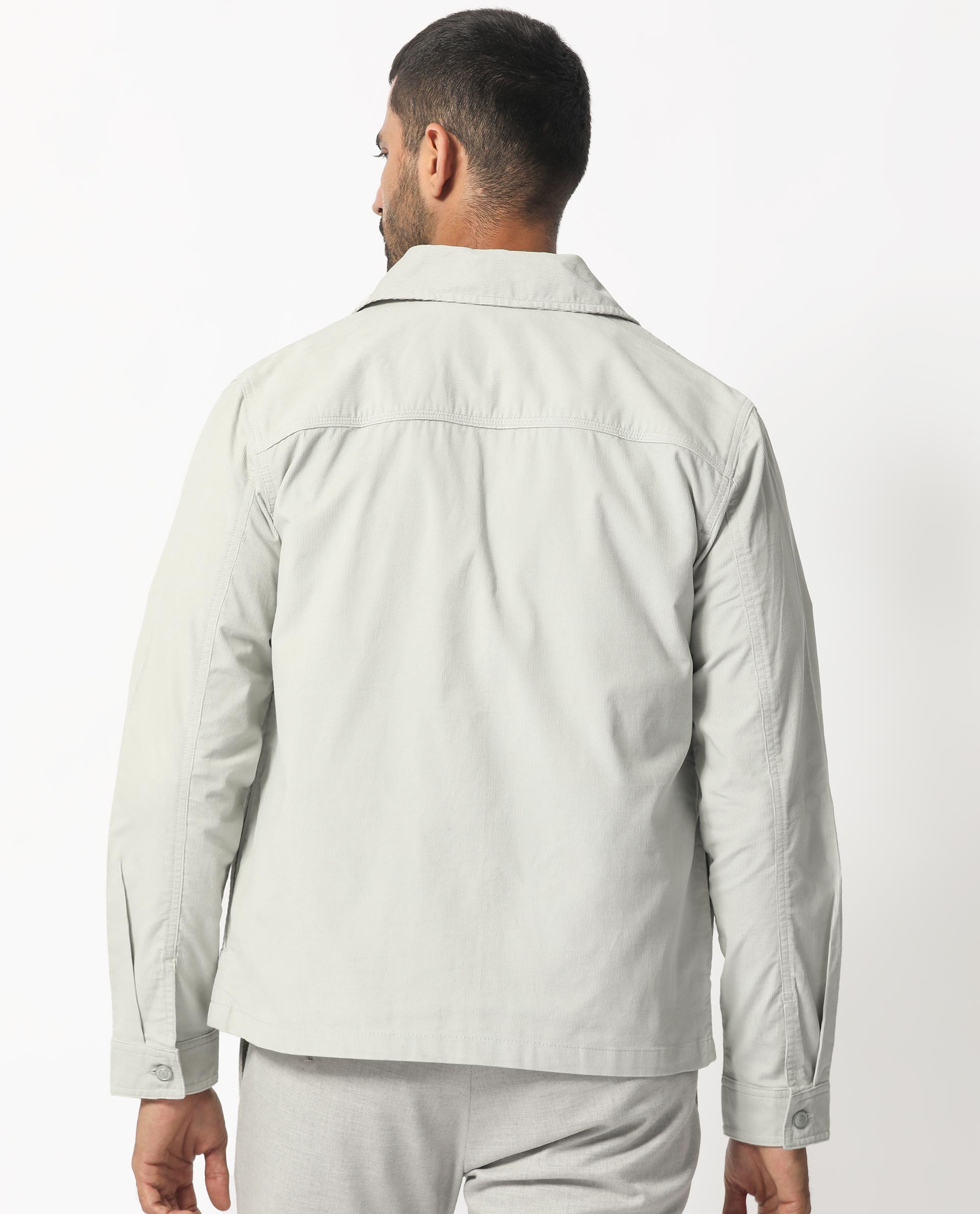 Rare Rabbit Men's Jilin Light Grey Cotton Fabric Full Sleeves Zip Closure Solid Twill Shacket