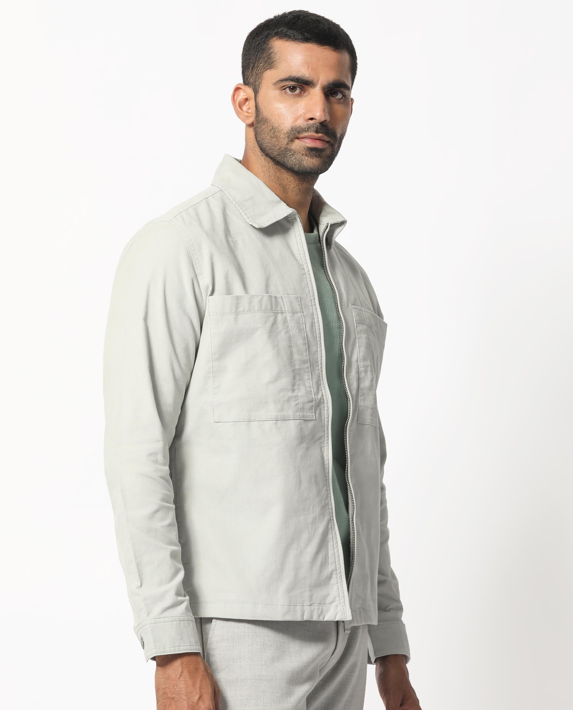 Rare Rabbit Men's Jilin Light Grey Cotton Fabric Full Sleeves Zip Closure Solid Twill Shacket