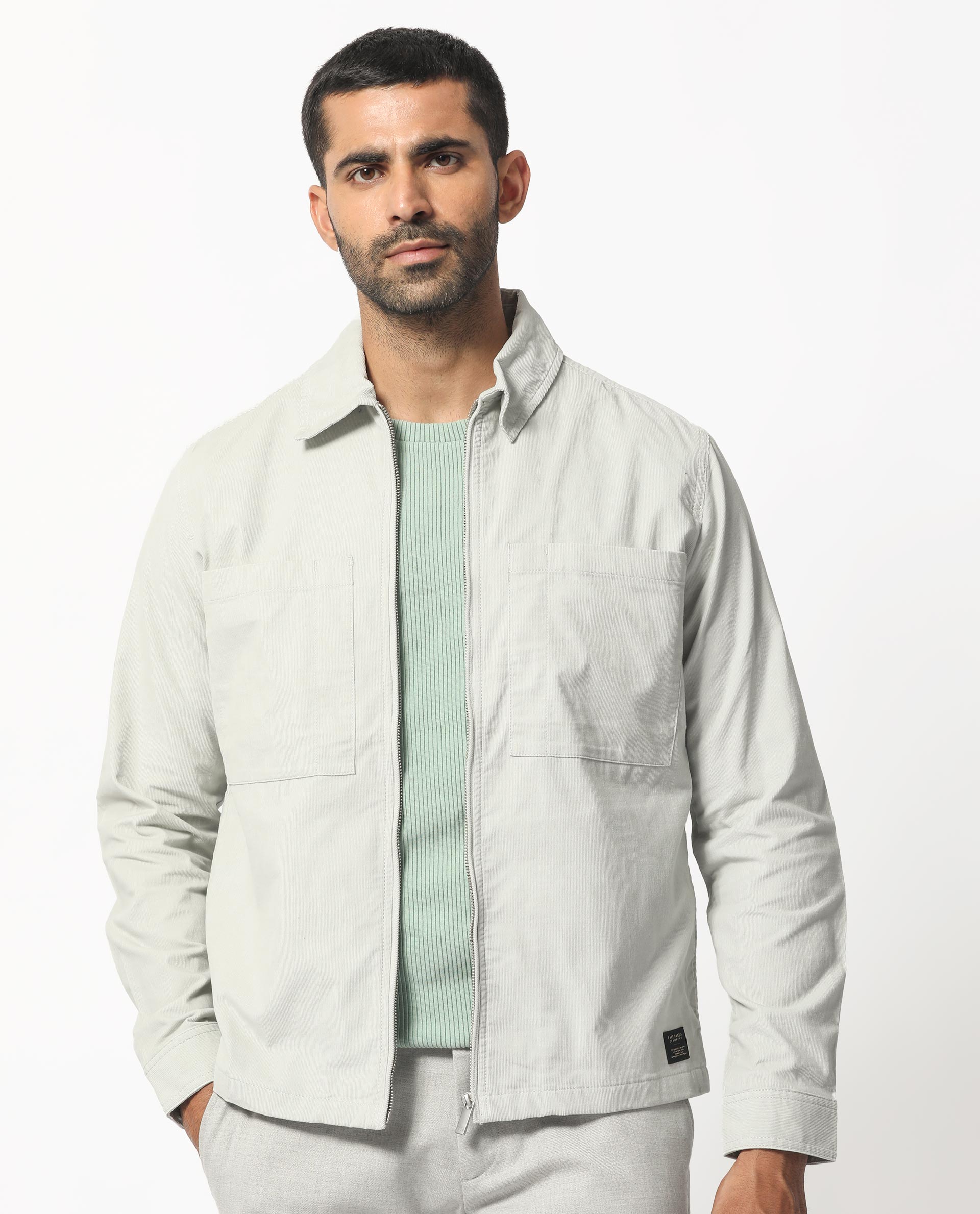 Rare Rabbit Men's Jilin Light Grey Cotton Fabric Full Sleeves Zip Closure Solid Twill Shacket