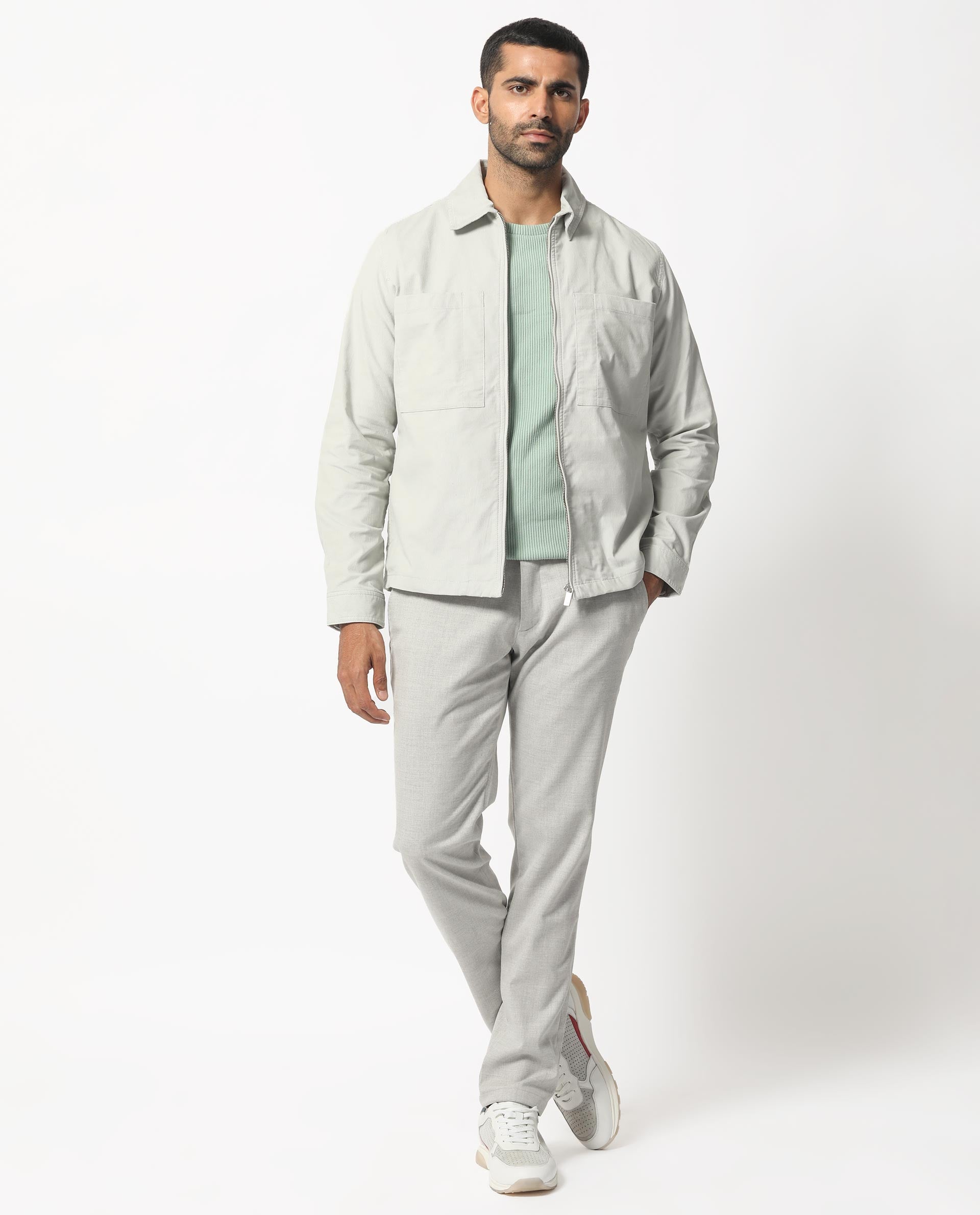 Rare Rabbit Men's Jilin Light Grey Cotton Fabric Full Sleeves Zip Closure Solid Twill Shacket