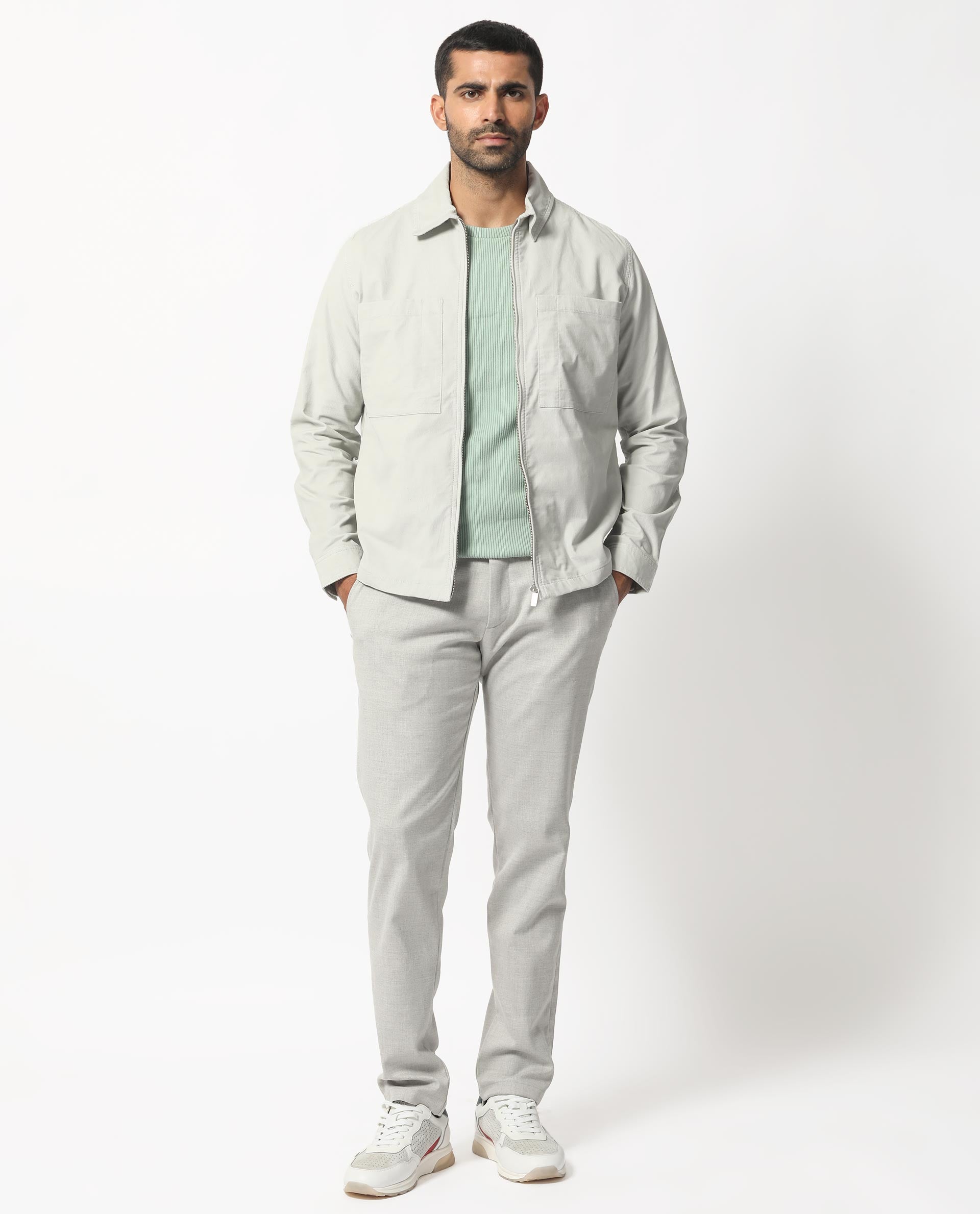 Rare Rabbit Men's Jilin Light Grey Cotton Fabric Full Sleeves Zip Closure Solid Twill Shacket