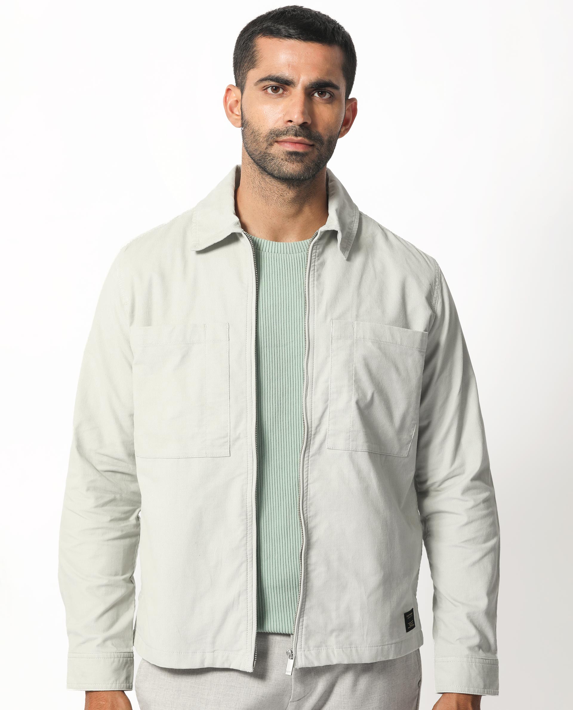 Rare Rabbit Men's Jilin Light Grey Cotton Fabric Full Sleeves Zip Closure Solid Twill Shacket