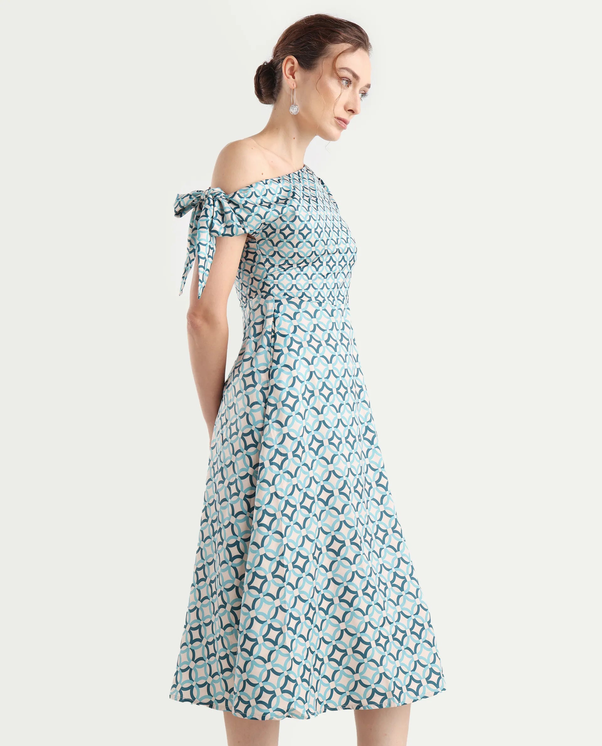 Rareism Women's Jinican Light Multi Satin Asymmetric Neck Geometric Print Tie Up Sleeve Midi Asymmetric Dress