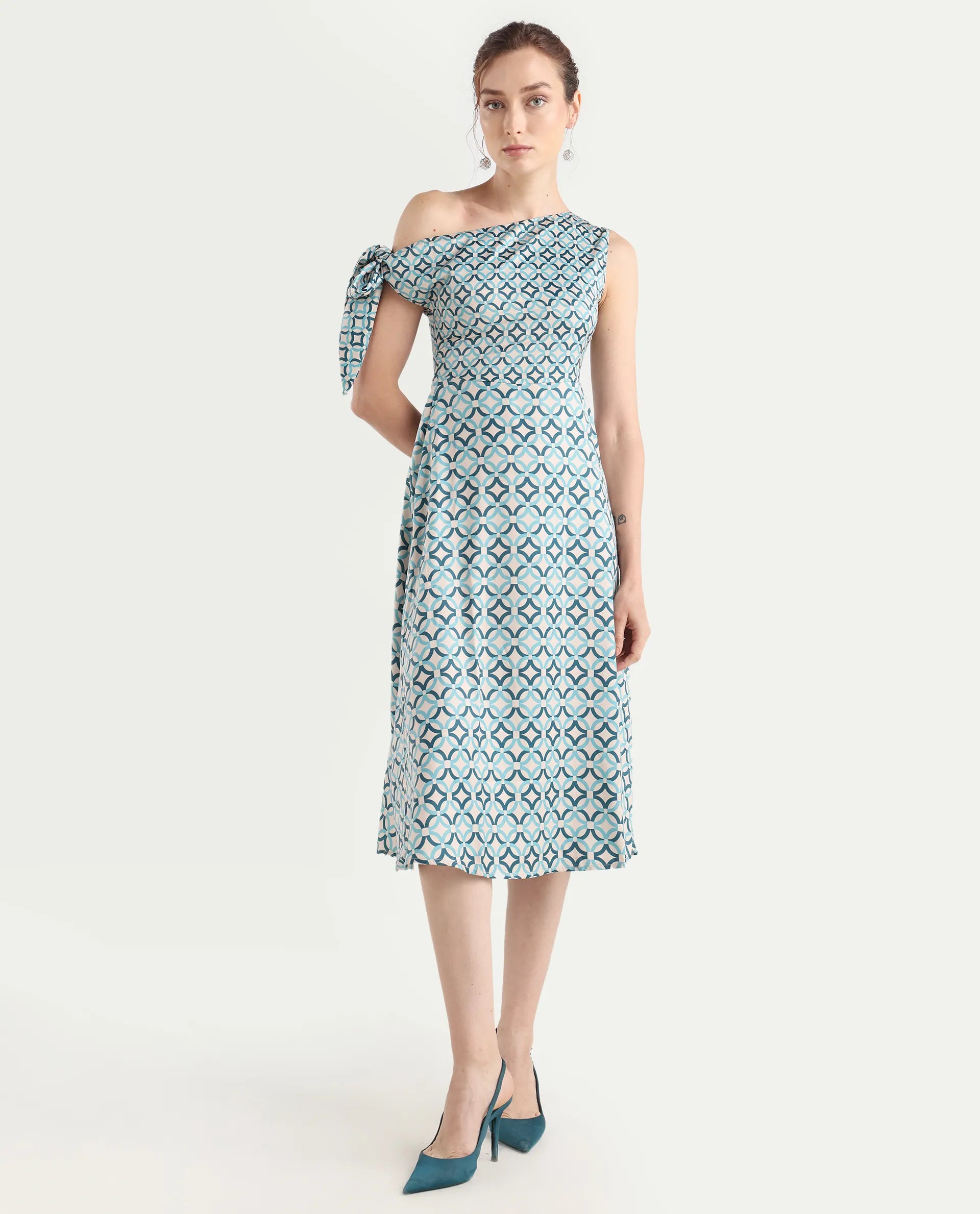 Rareism Women's Jinican Light Multi Satin Asymmetric Neck Geometric Print Tie Up Sleeve Midi Asymmetric Dress