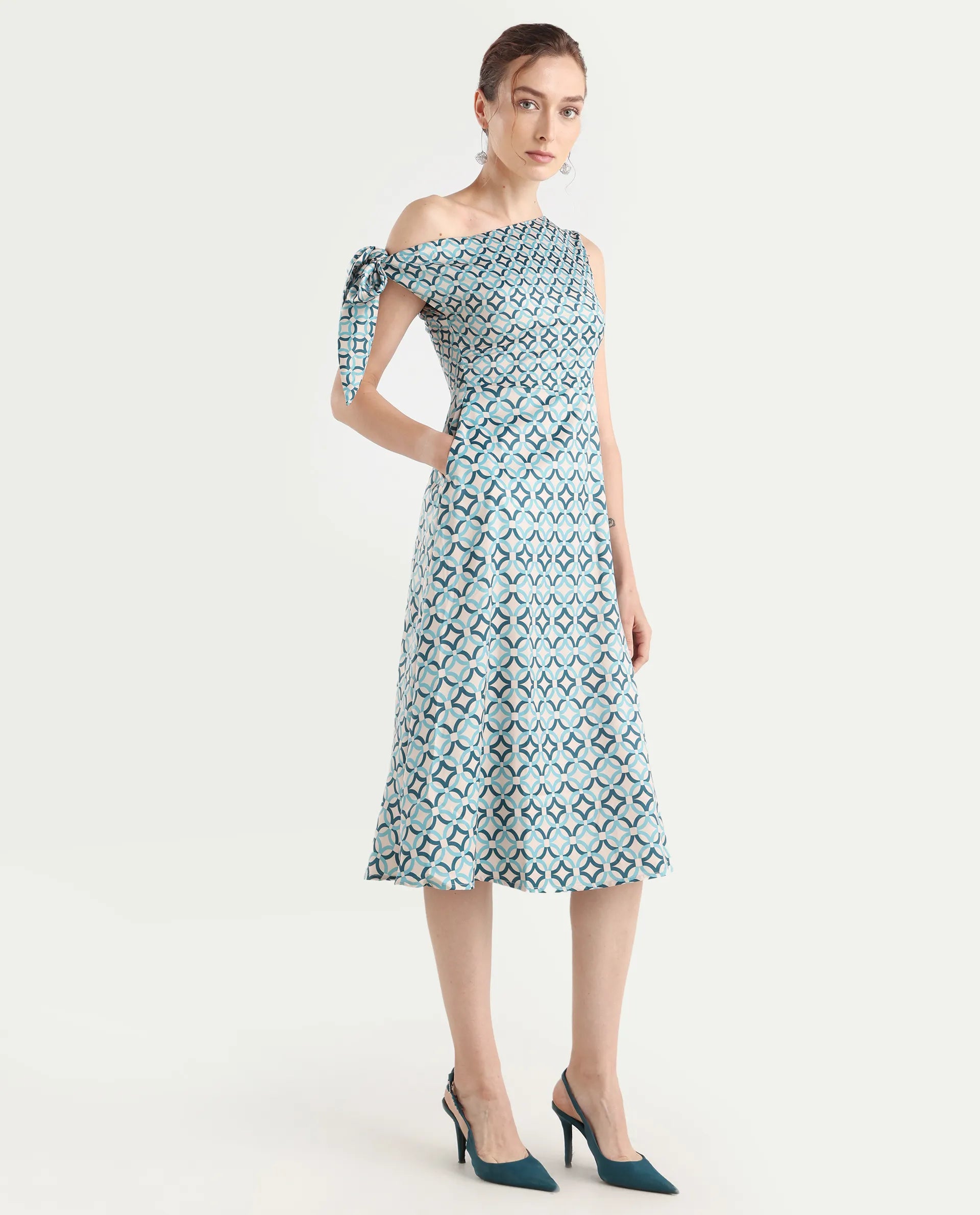 Rareism Women's Jinican Light Multi Satin Asymmetric Neck Geometric Print Tie Up Sleeve Midi Asymmetric Dress