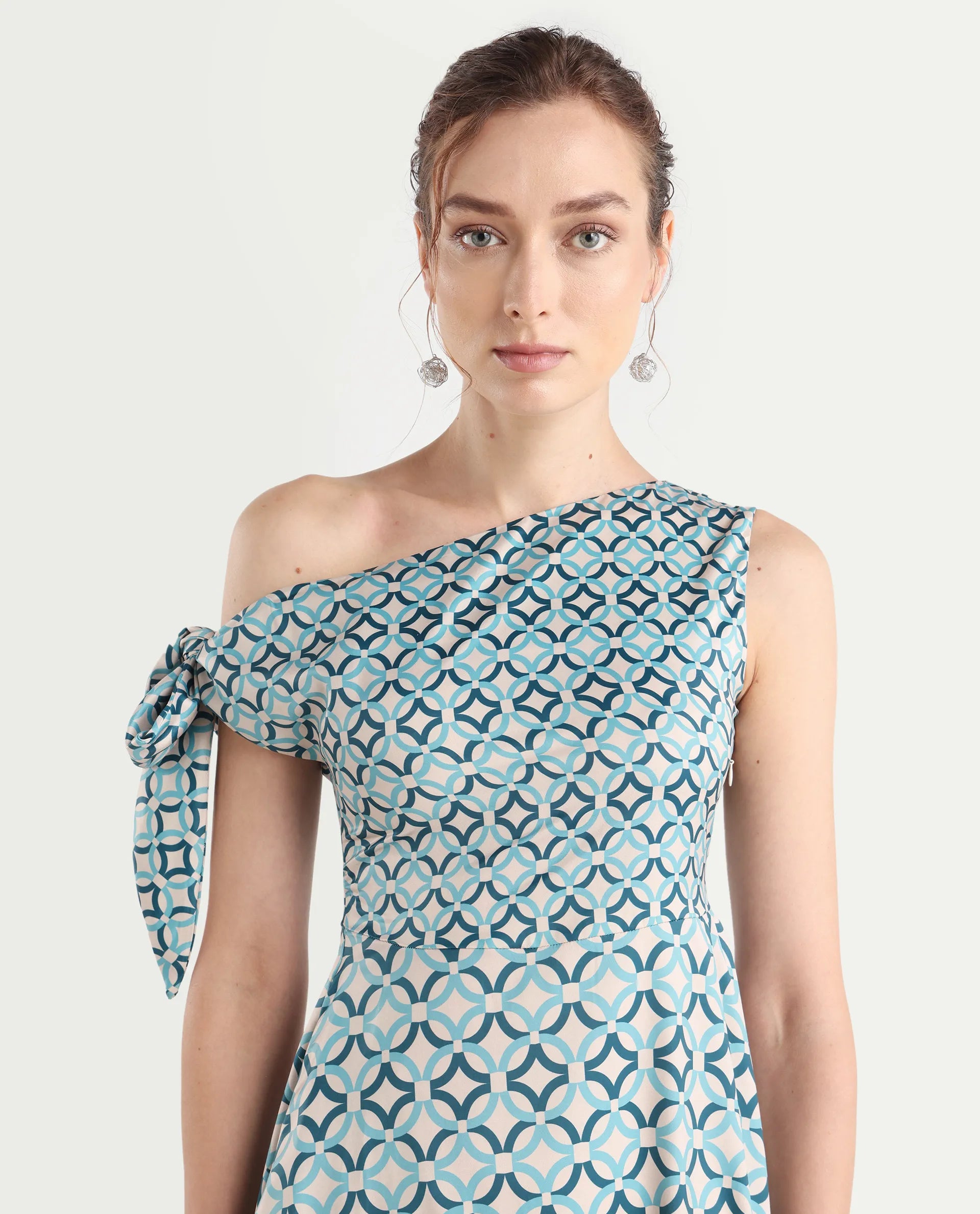 Rareism Women's Jinican Light Multi Satin Asymmetric Neck Geometric Print Tie Up Sleeve Midi Asymmetric Dress