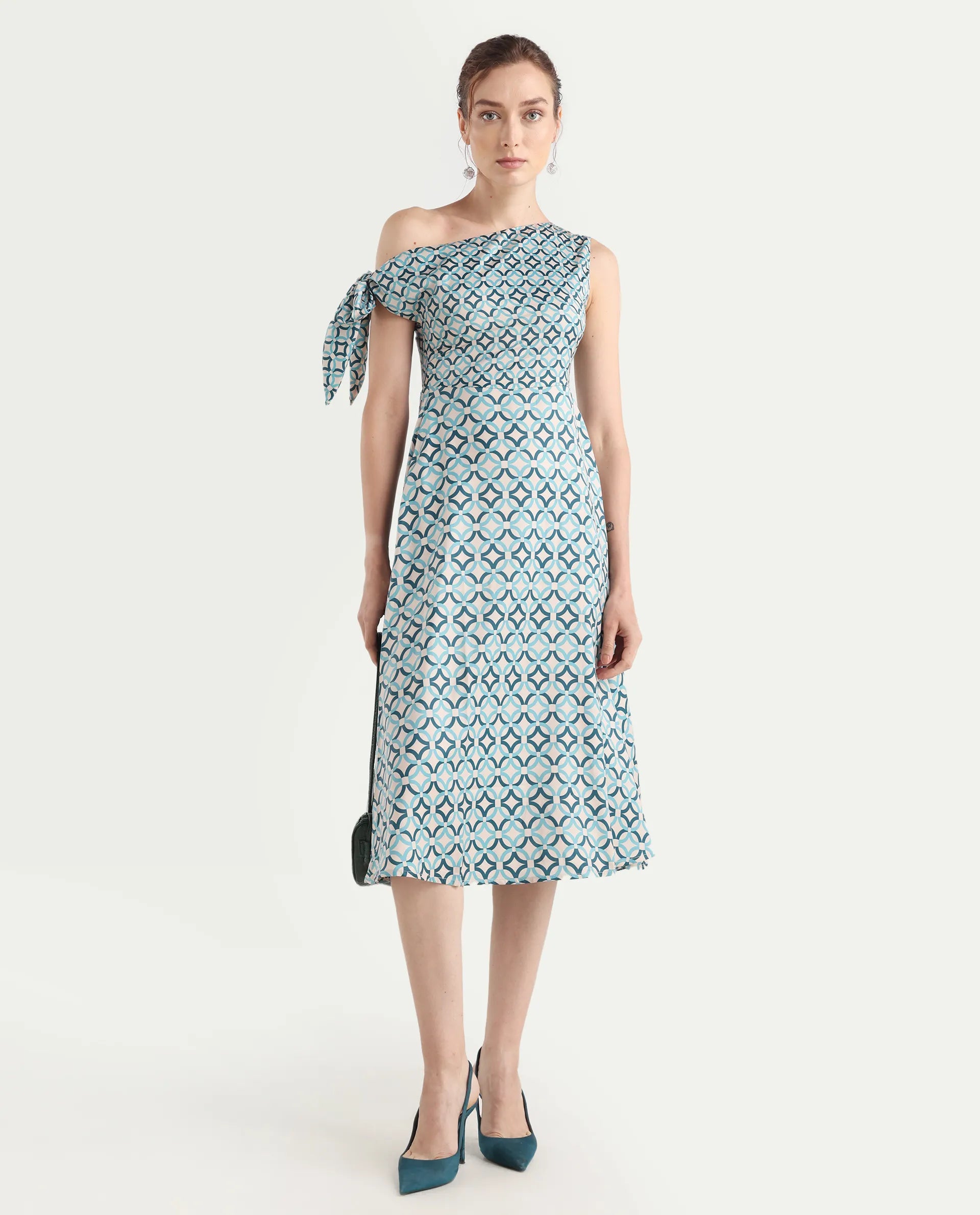 Rareism Women's Jinican Light Multi Satin Asymmetric Neck Geometric Print Tie Up Sleeve Midi Asymmetric Dress