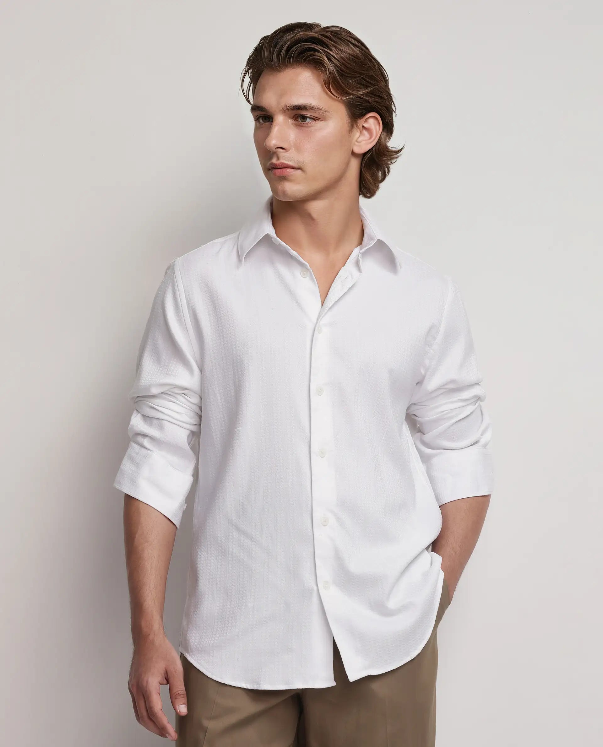 Rare Rabbit Men's Jin White Cotton Fabric Full Sleeve Regular Collared Button Closure Regular Collar Dobby Shirt