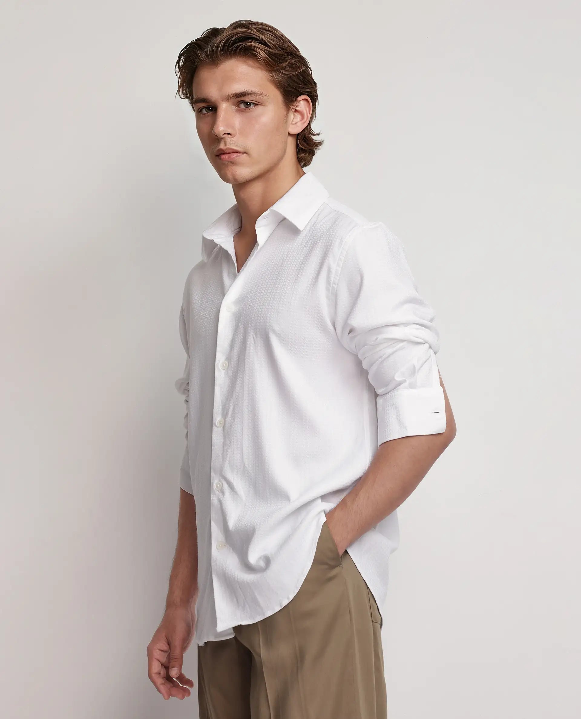 Rare Rabbit Men's Jin White Cotton Fabric Full Sleeve Regular Collared Button Closure Regular Collar Dobby Shirt