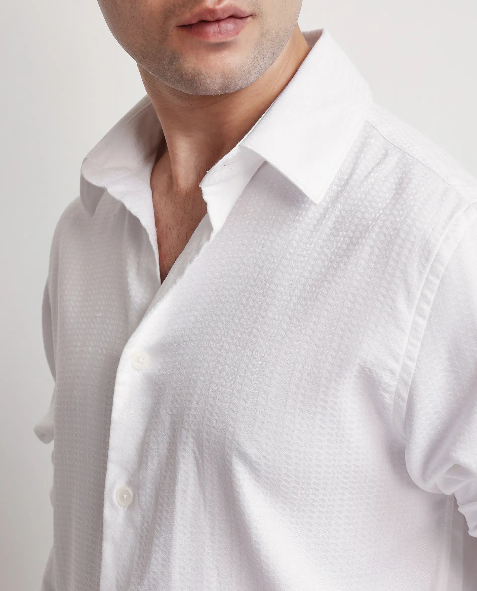 Rare Rabbit Men's Jin White Cotton Fabric Full Sleeve Regular Collared Button Closure Regular Collar Dobby Shirt